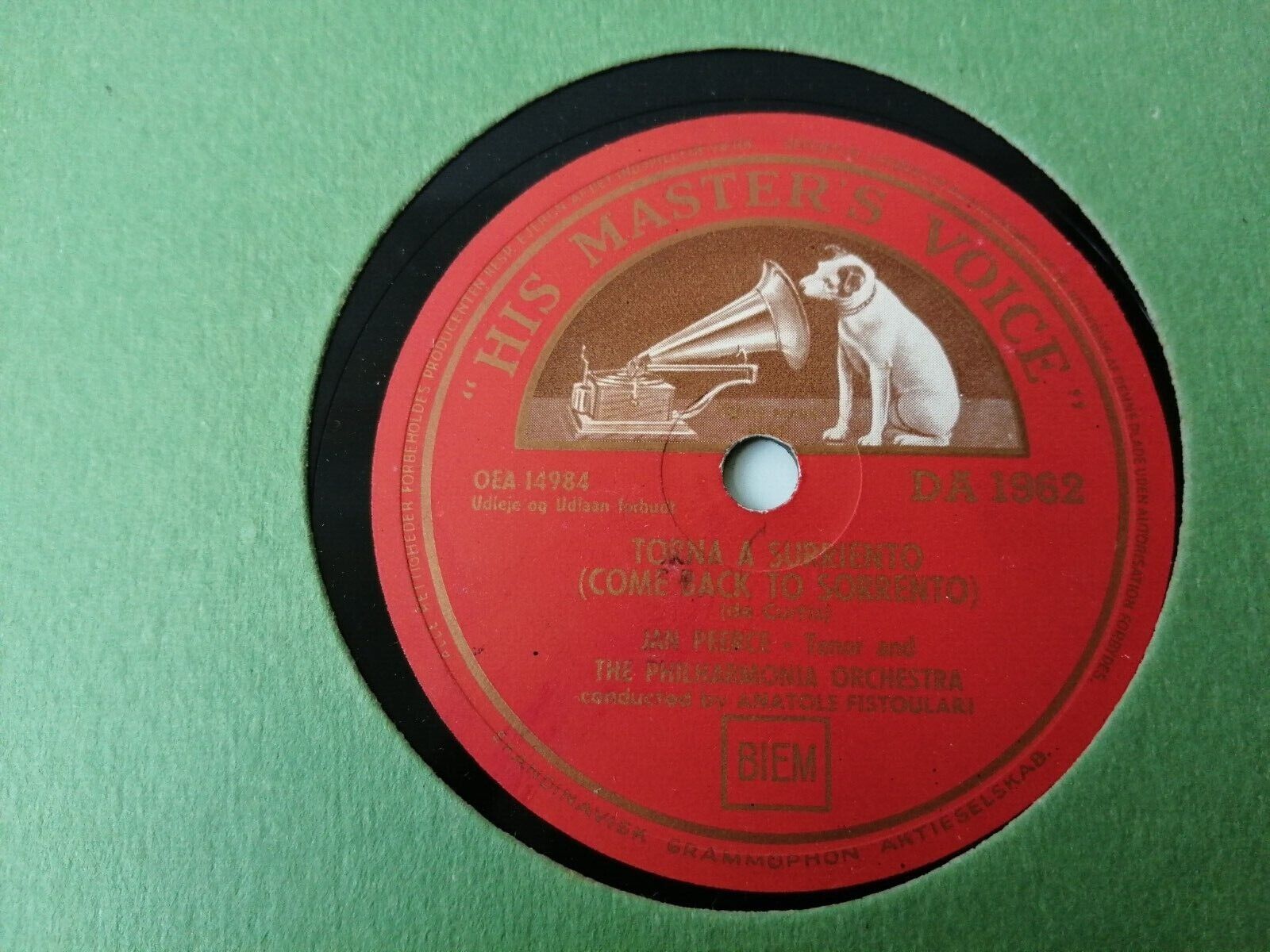 78 RPM  shellac Jan Peerce : Tonna a Surriento /Valencia HMV DA 1962