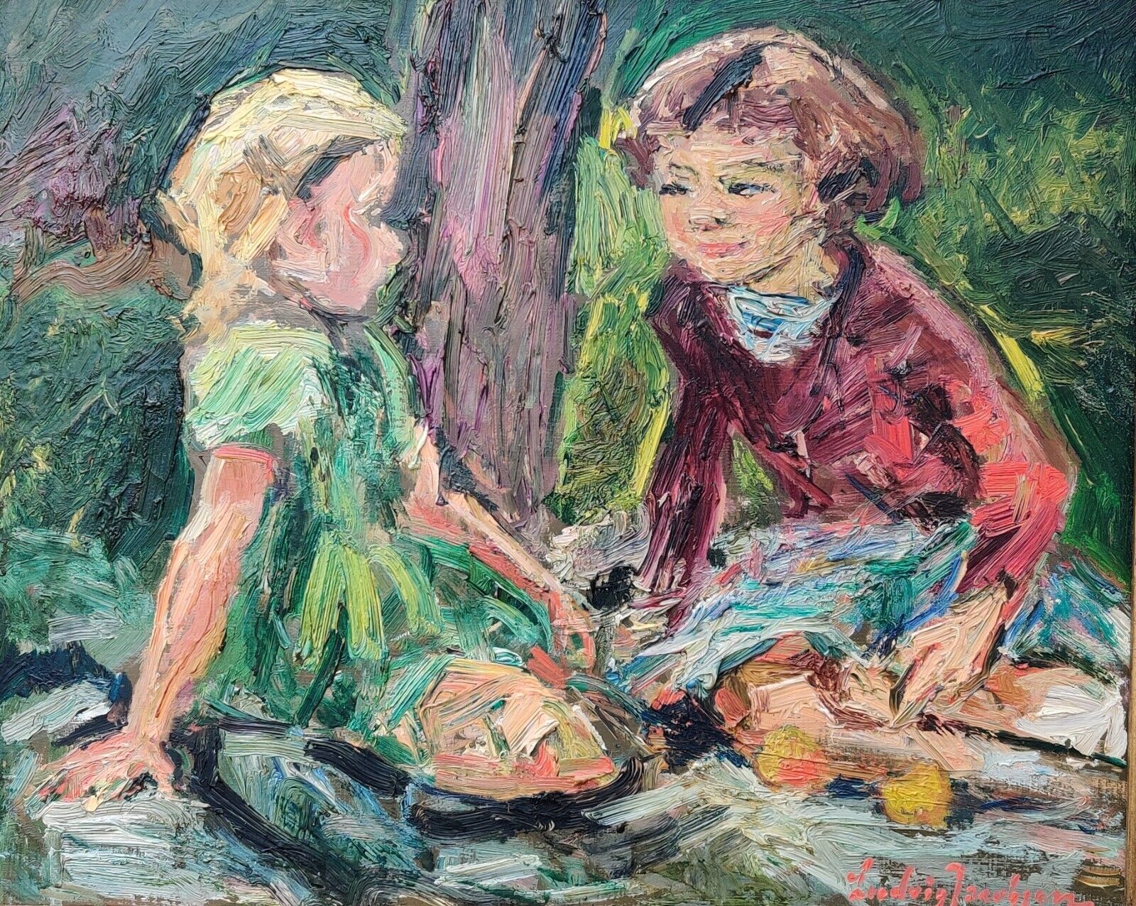 Ludvig Jacobsen (1890-1975): KIDS PLAYING original oil painting