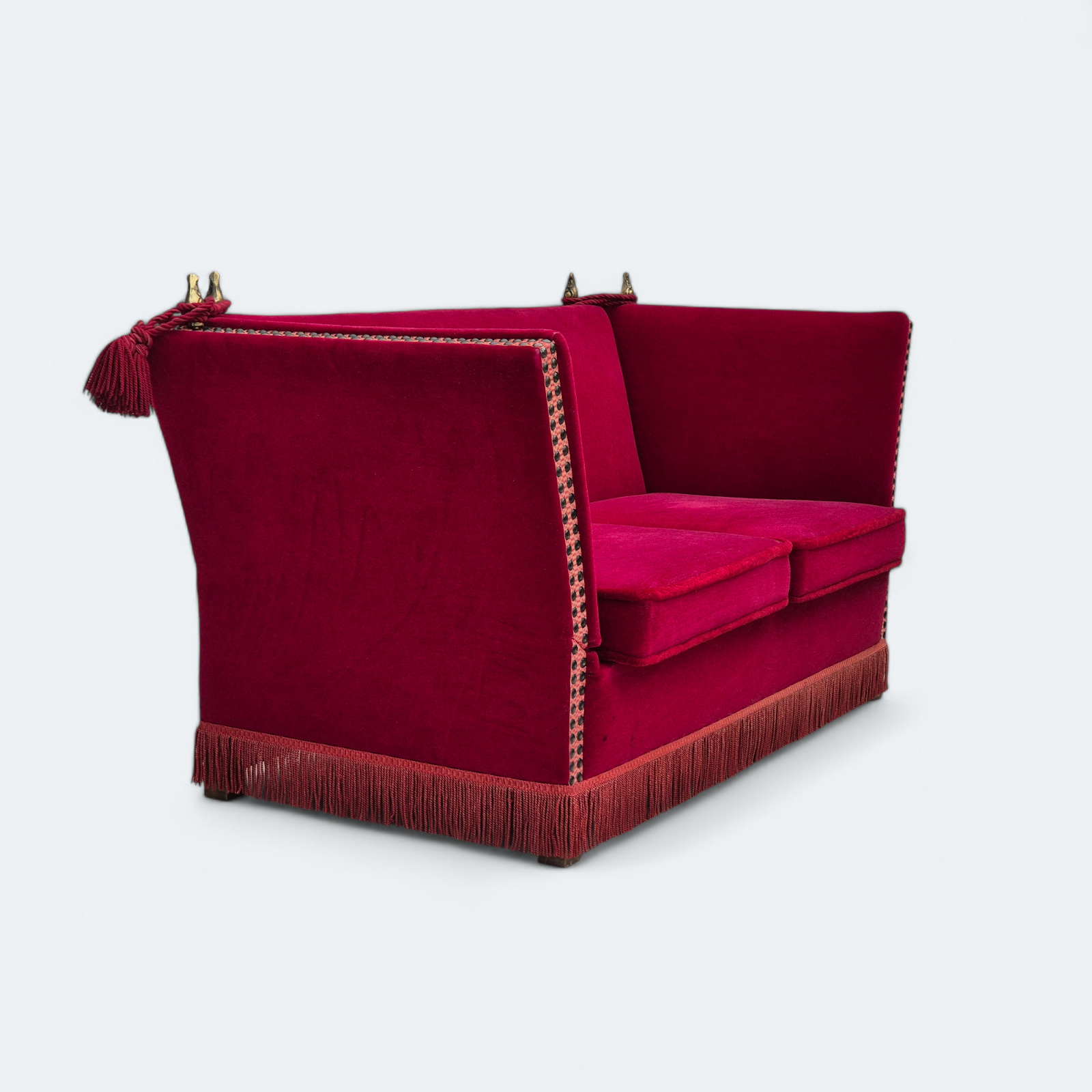 1970s, Danish velour 2 seater drop arm sofa, cherry-red velour, original.