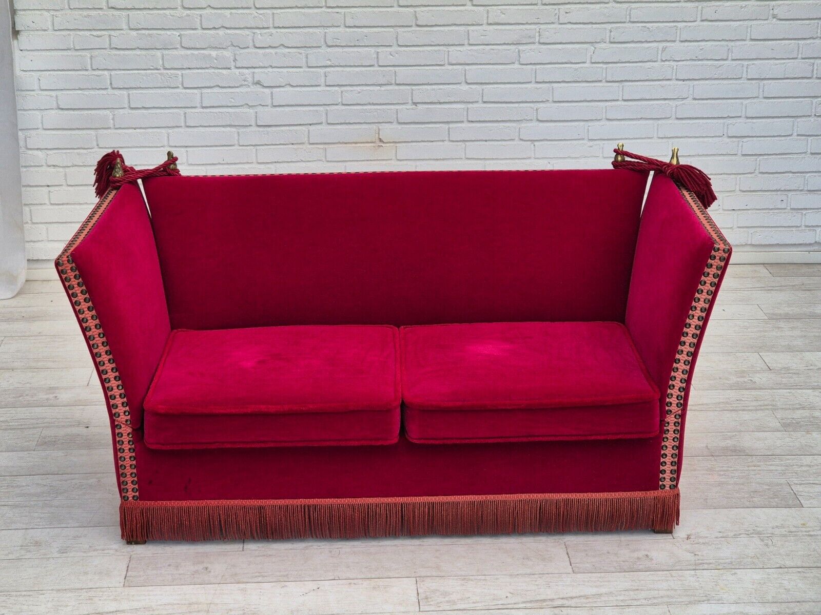 1970s, Danish velour 2 seater drop arm sofa, cherry-red velour, original.