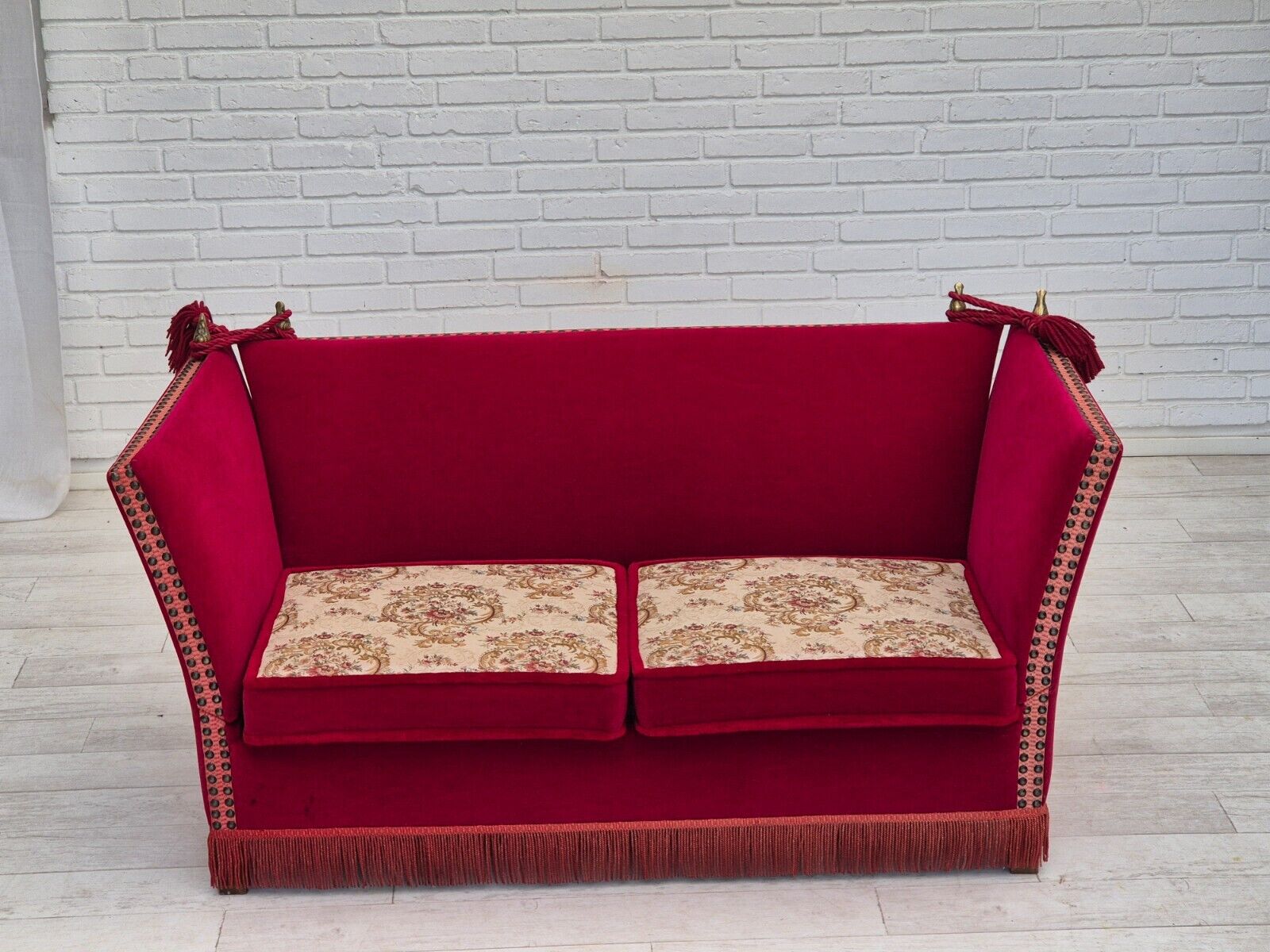 1970s, Danish velour 2 seater drop arm sofa, cherry-red velour, original.