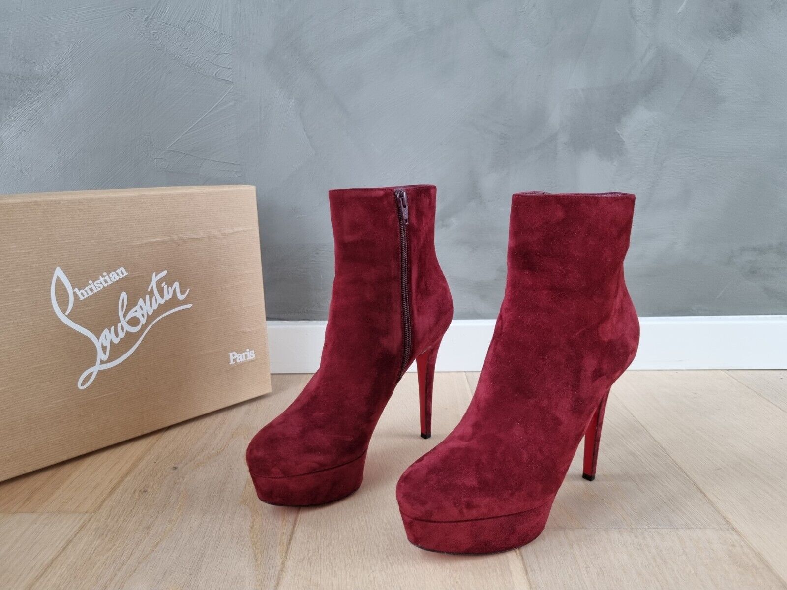 **Christian Louboutin** Burgundy Suede Bianca Booty 120 Ankle Boots Size 37.5