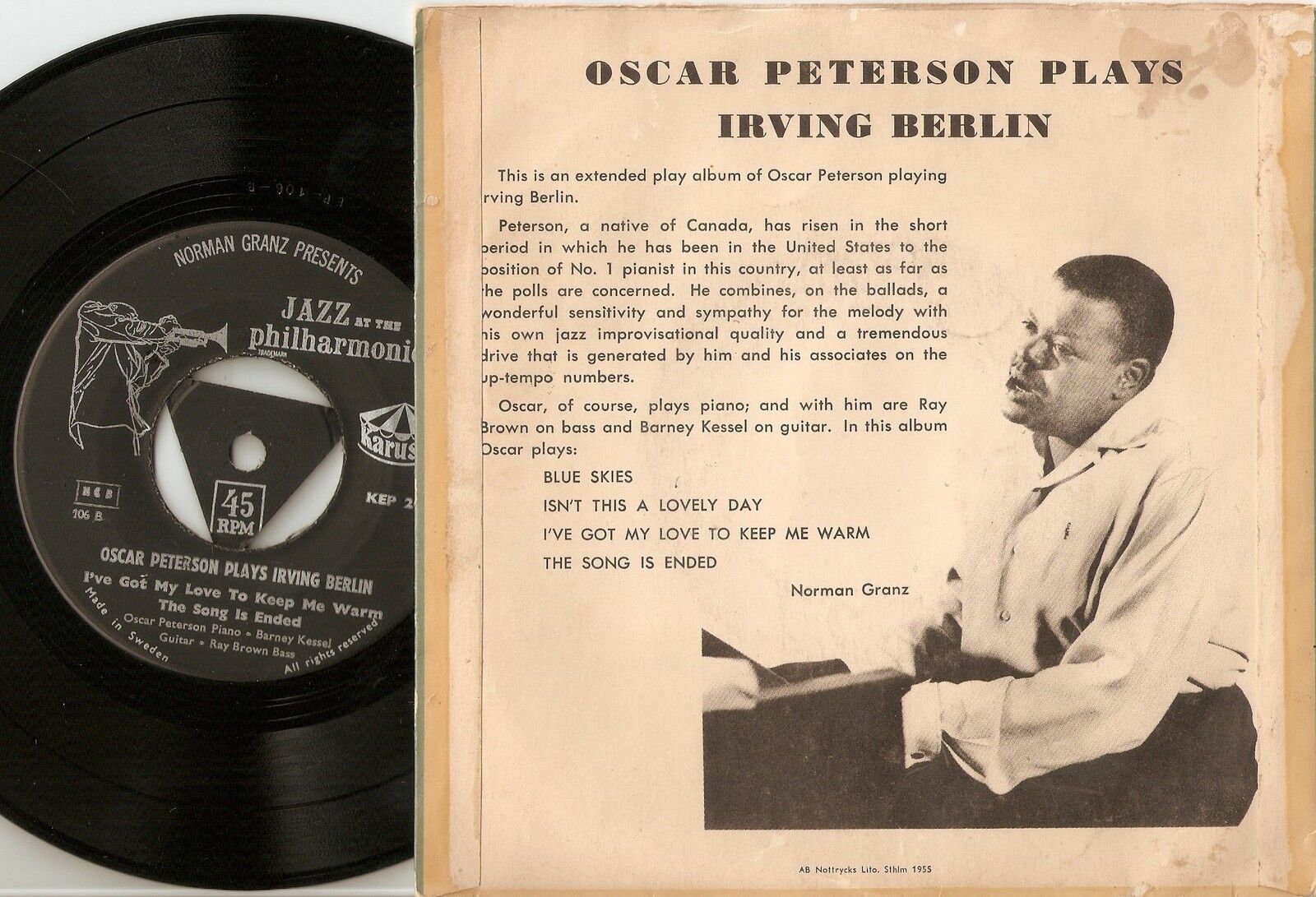 OSCAR PETERSON PLAYS IRVING BERLIN BLUES SKIES SWEDISH EP 45+PS `55 MOD JAZZ RB