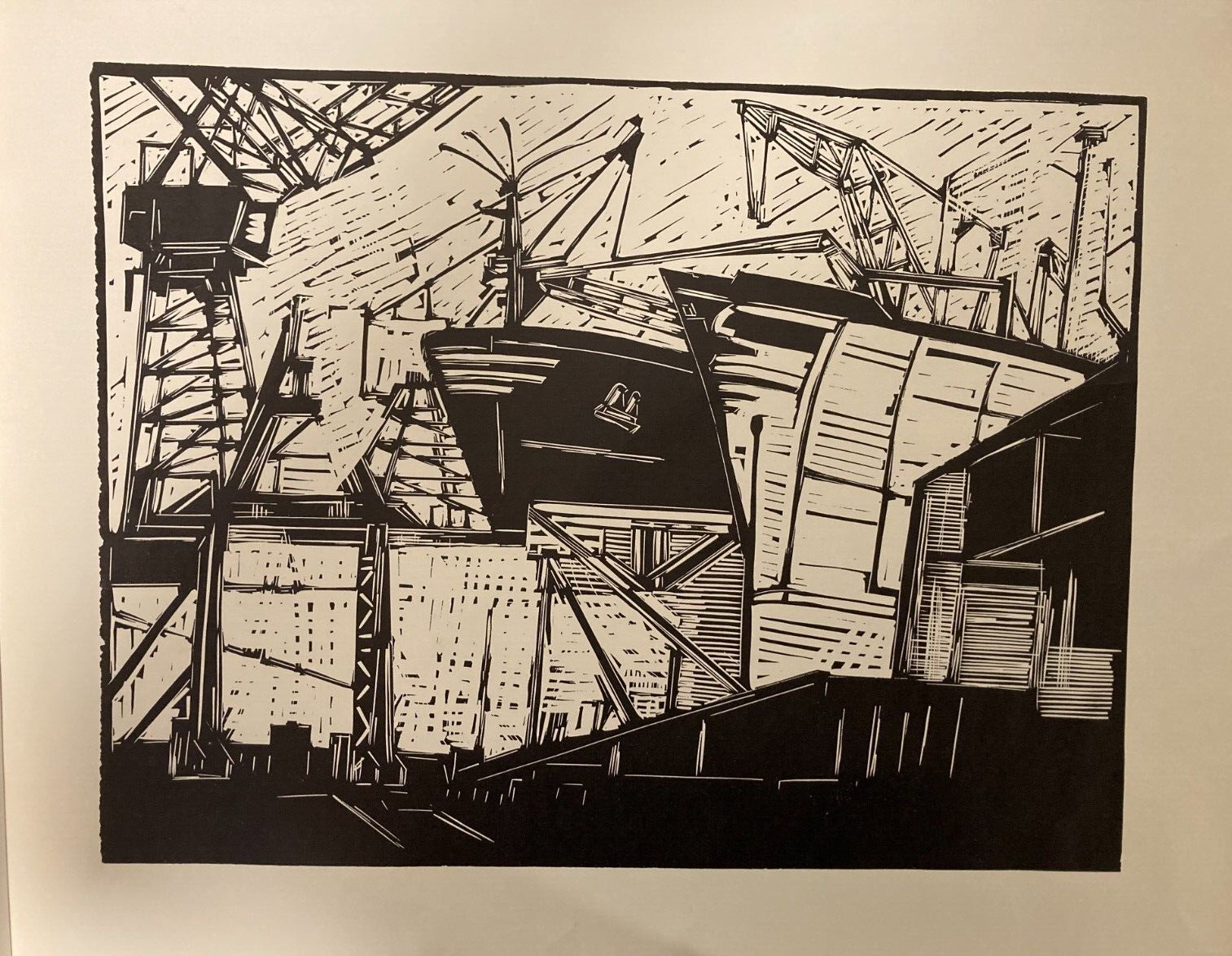 Vintage Woodblock Print - Industrial Shipyard Scene - Mid-Century Modern Art