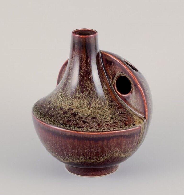 European studio ceramist Unique ceramic vase with speckled glaze in brown tones