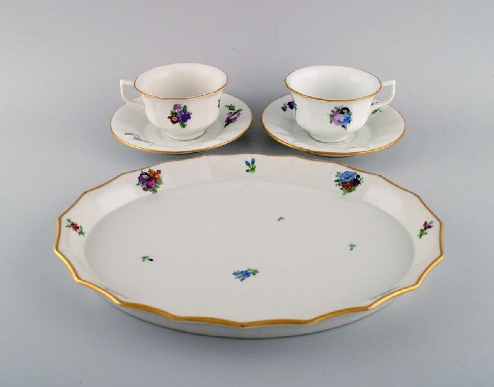 Royal Copenhagen Light Saxon Flower Two coffee cups with saucers and tray