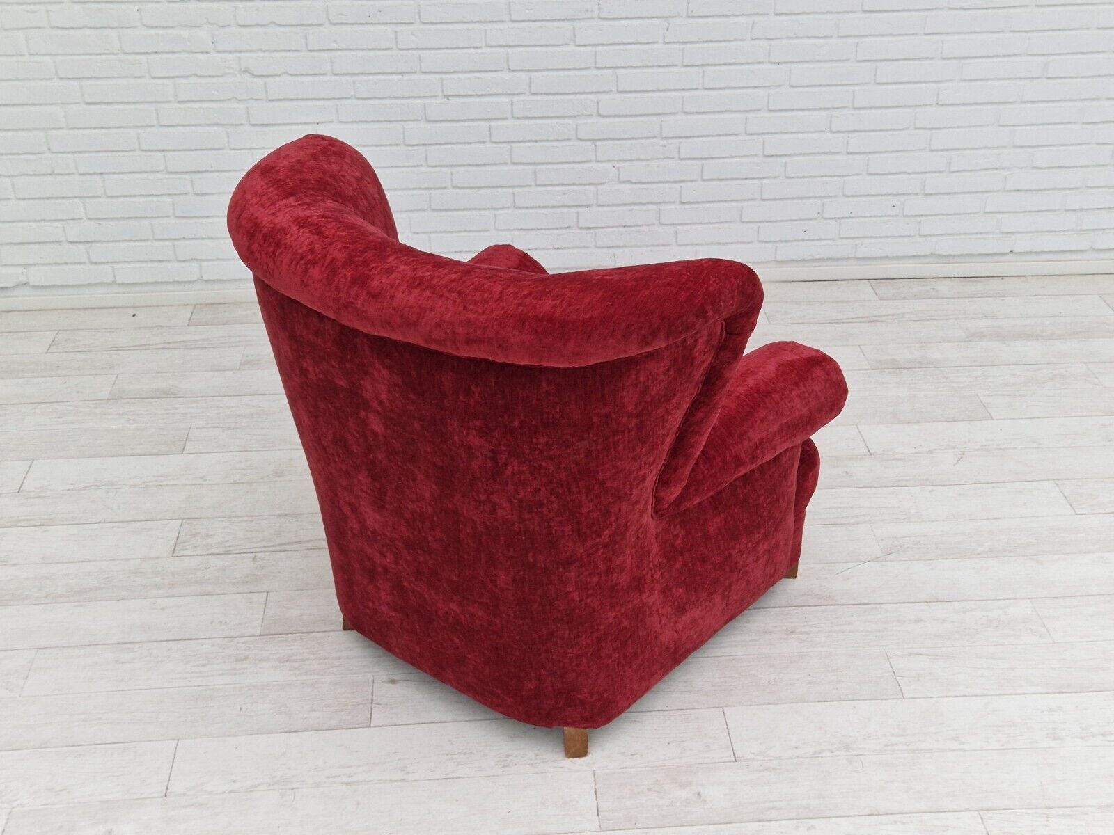 1950s Danish design red-cherry velour refurbished armchair