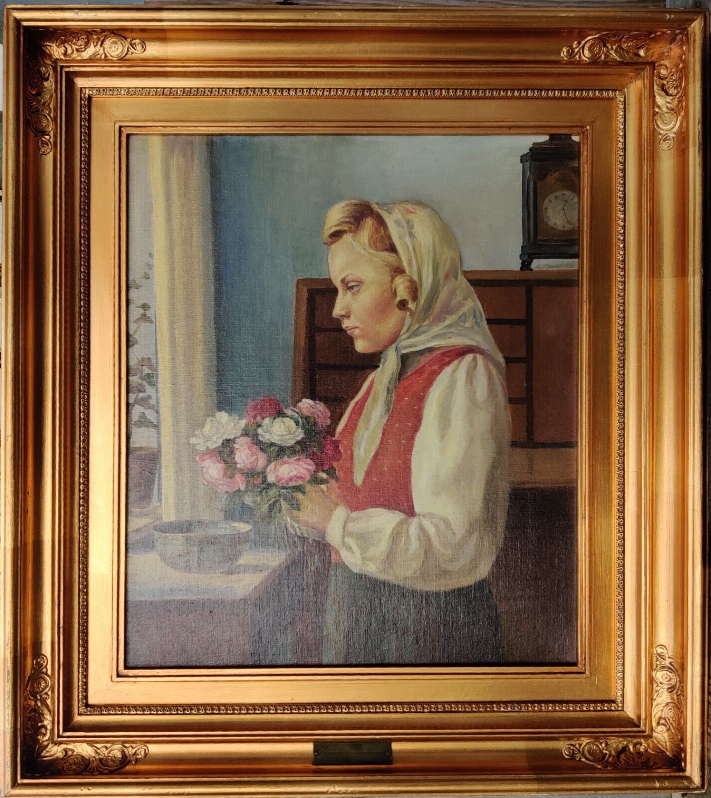 Yelva Vermehren (1878-1980) GIRL WITH BOUQUET OF FLOWERS original oil painting