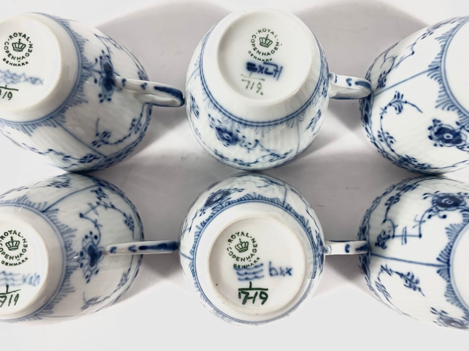 6x Royal Copenhagen Blue Fluted Half Lace  719 Coffee Cups  Saucers Set