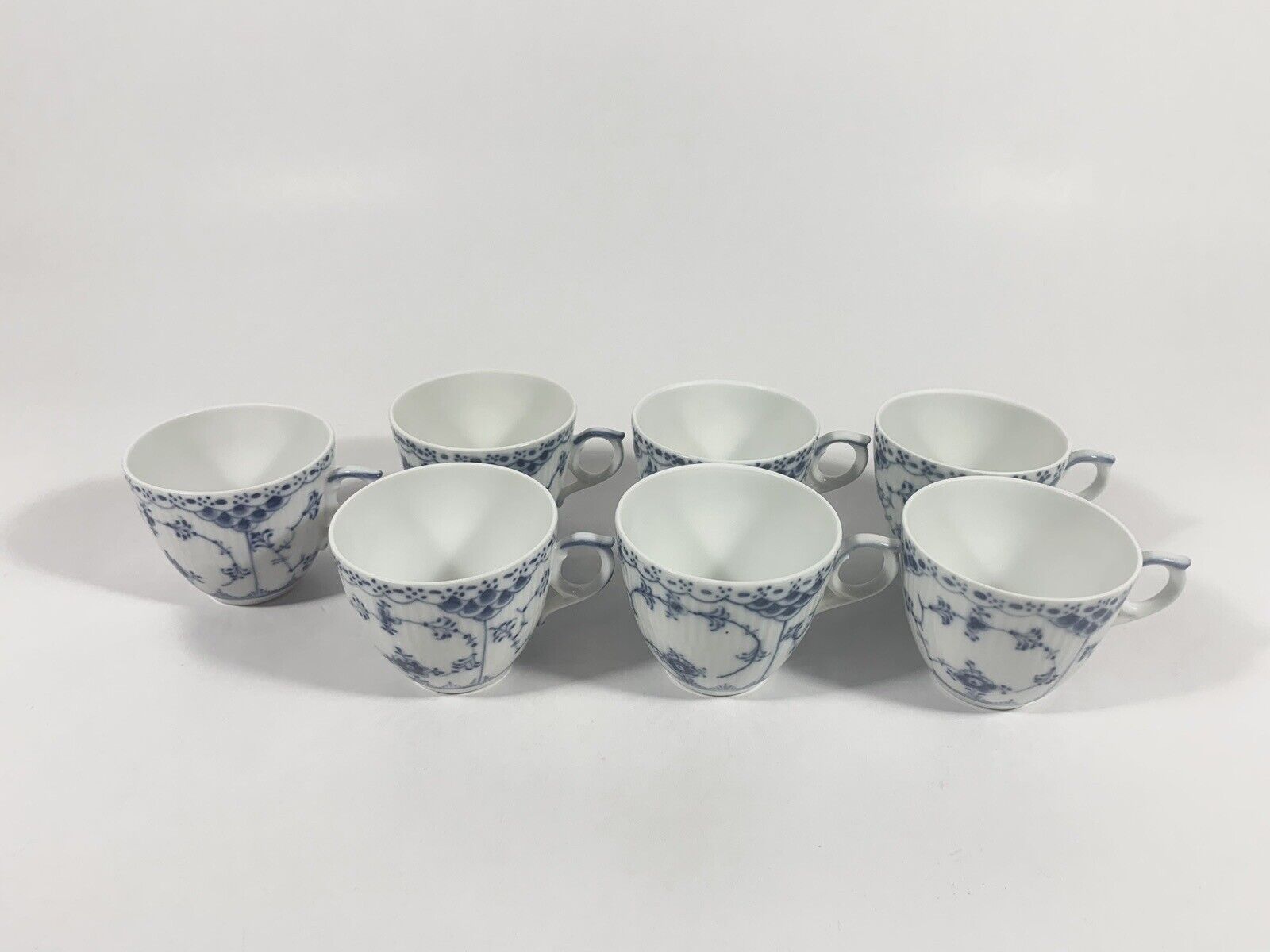 7x Royal Copenhagen Blue Fluted Half 528 Demitasse Mocha Cups  Saucers