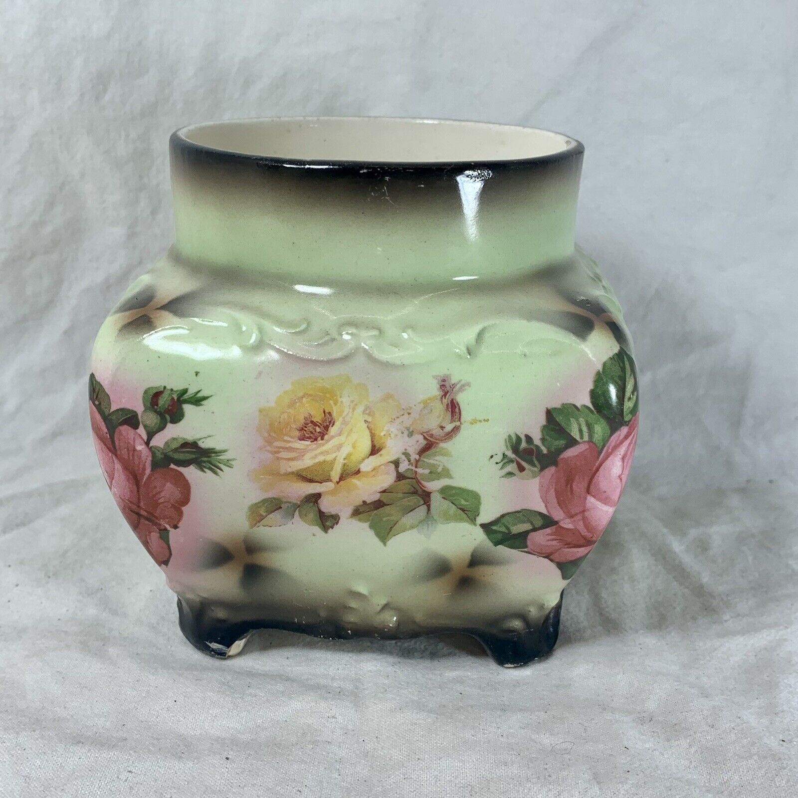 Vintage mint green planter with pink and yellow floral design 11x10cm