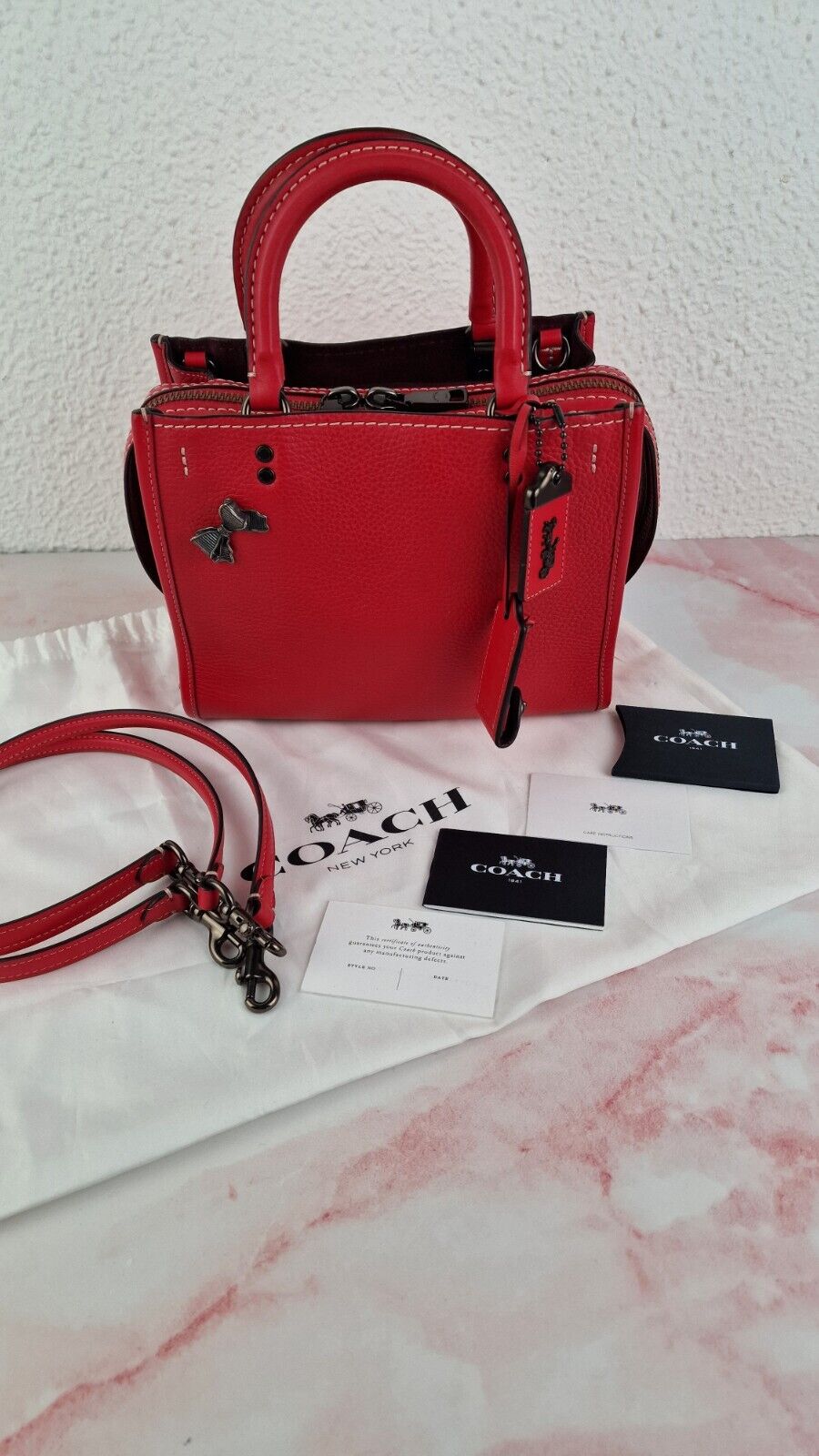 Coach Rogue 25 1941 Red Pebbled Leather Bag 54536 Customized Bow Pin