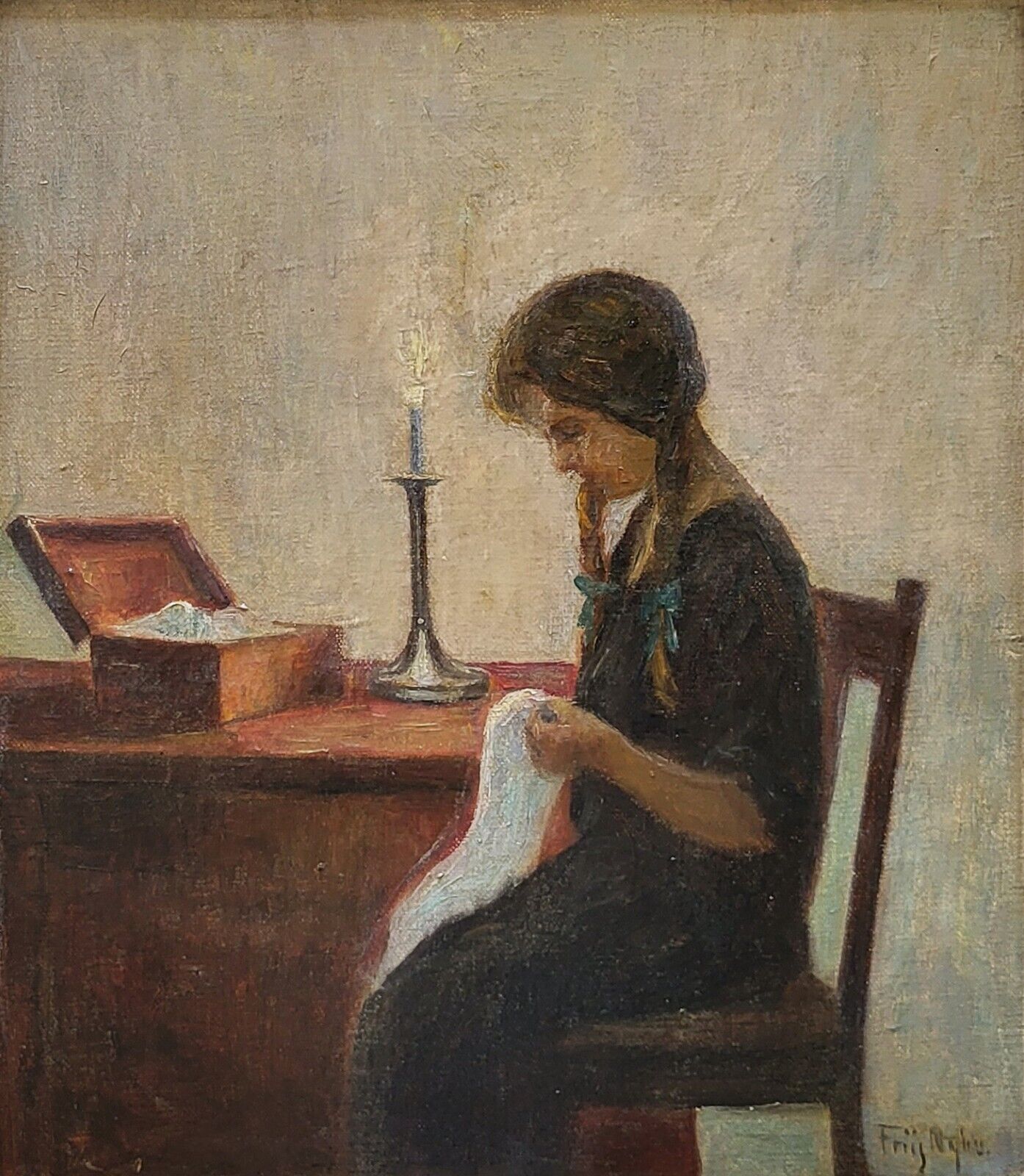 Antique oil painting Poul Friis Nybo(1869-1929): “Sewing in the candlelight”