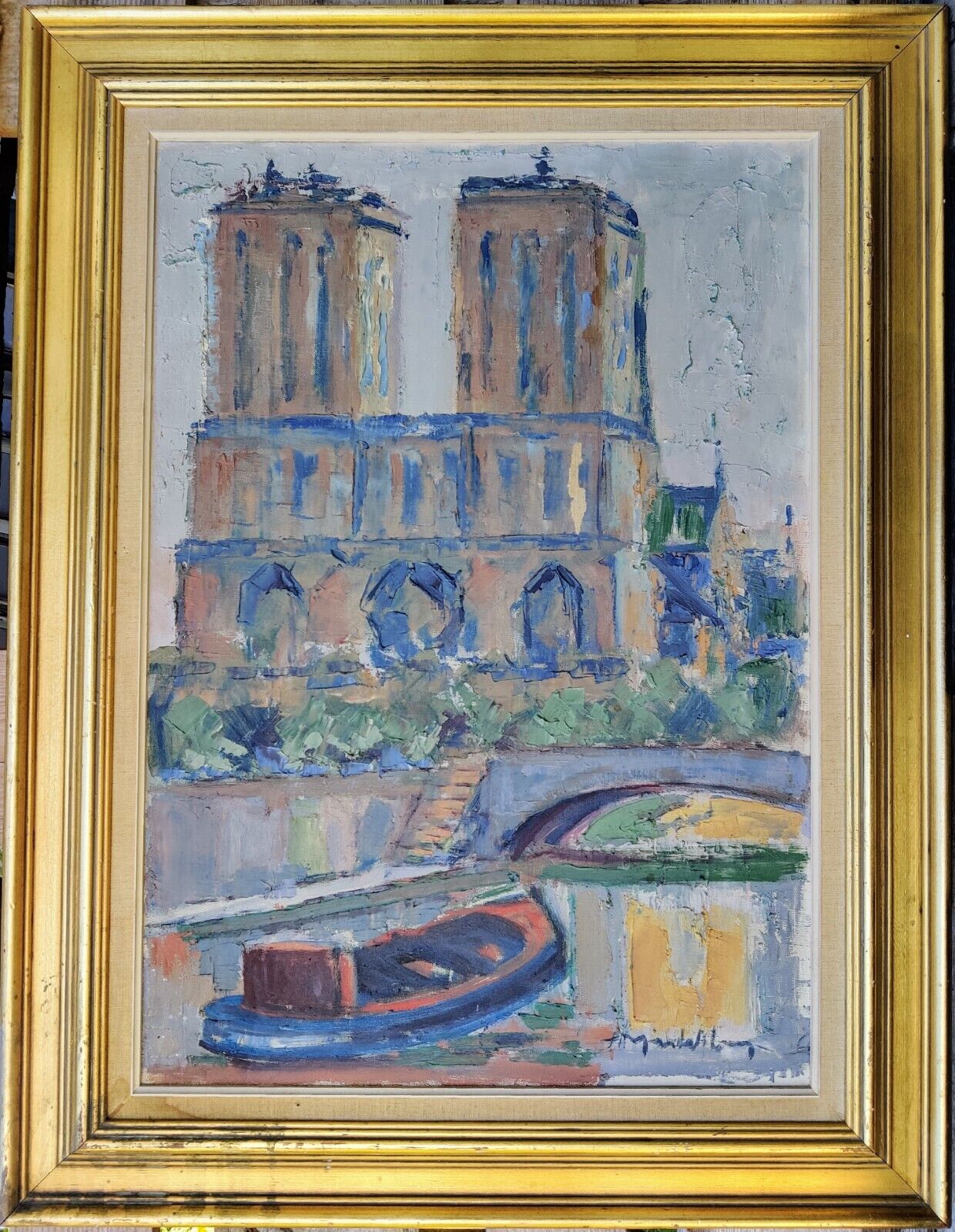 NORTRE DAME CATHEDRAL AND SEINE, PARIS, original oil painting.