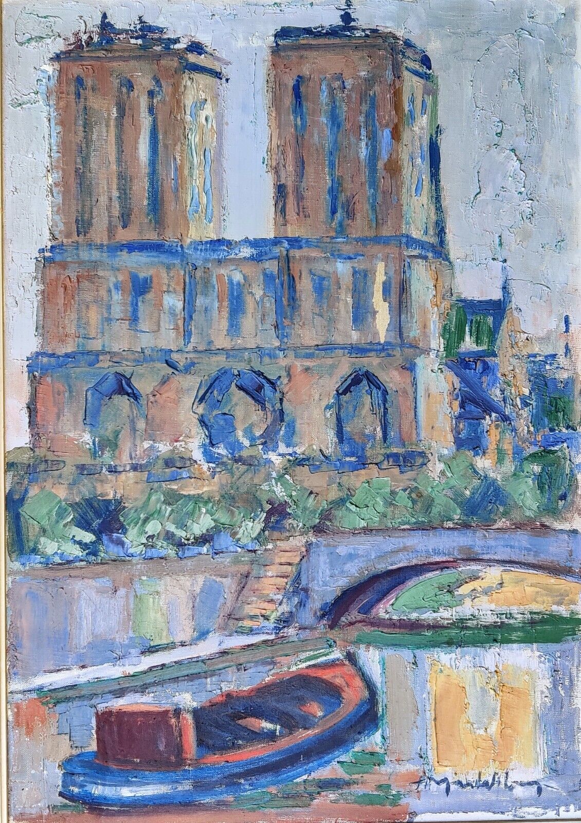 NORTRE DAME CATHEDRAL AND SEINE, PARIS, original oil painting.