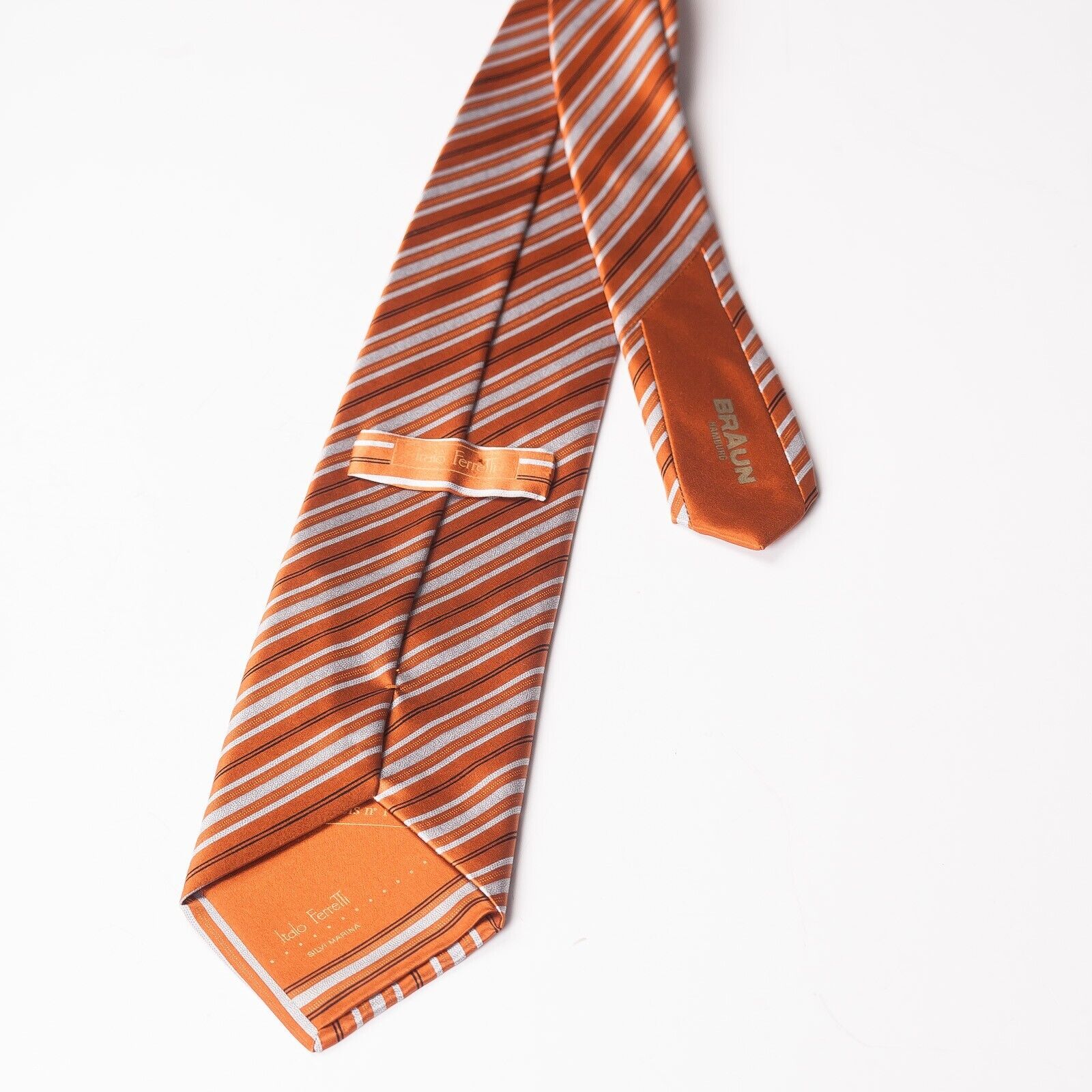 ITALO FERRETTI Rust Silver Striped Silk Tie Italy Made