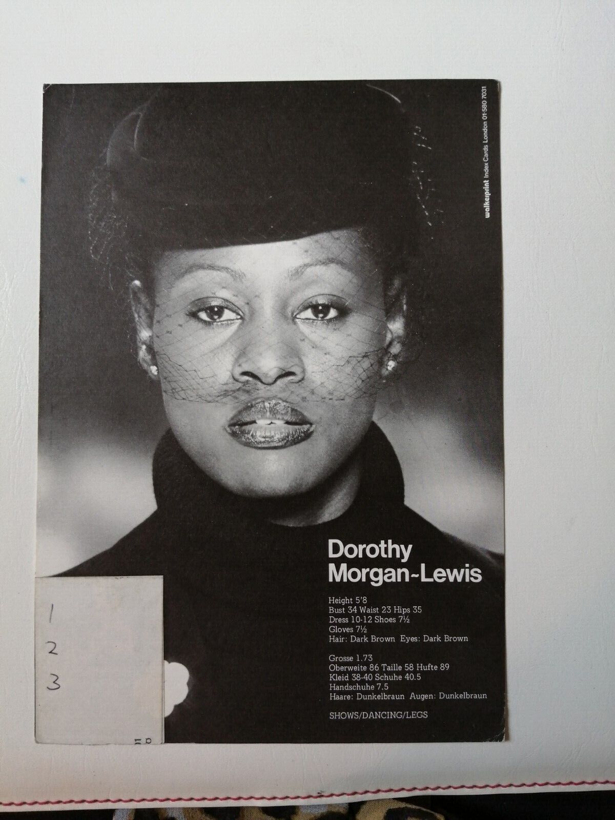 Vintage  English  model comp card from 1970s/1980sDorothy Morgan-Lewis