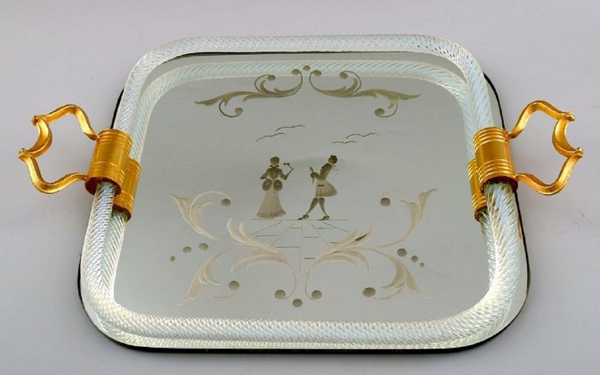 Murano Italy rectangular tray with mirrored plate floral pattern