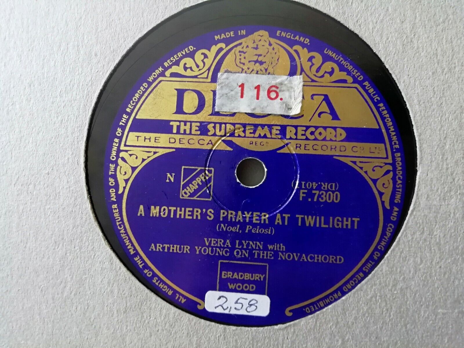 78 rpmVERA LYNN wArthur Young on the novachordWish Me Luck/A Mother's Prayer