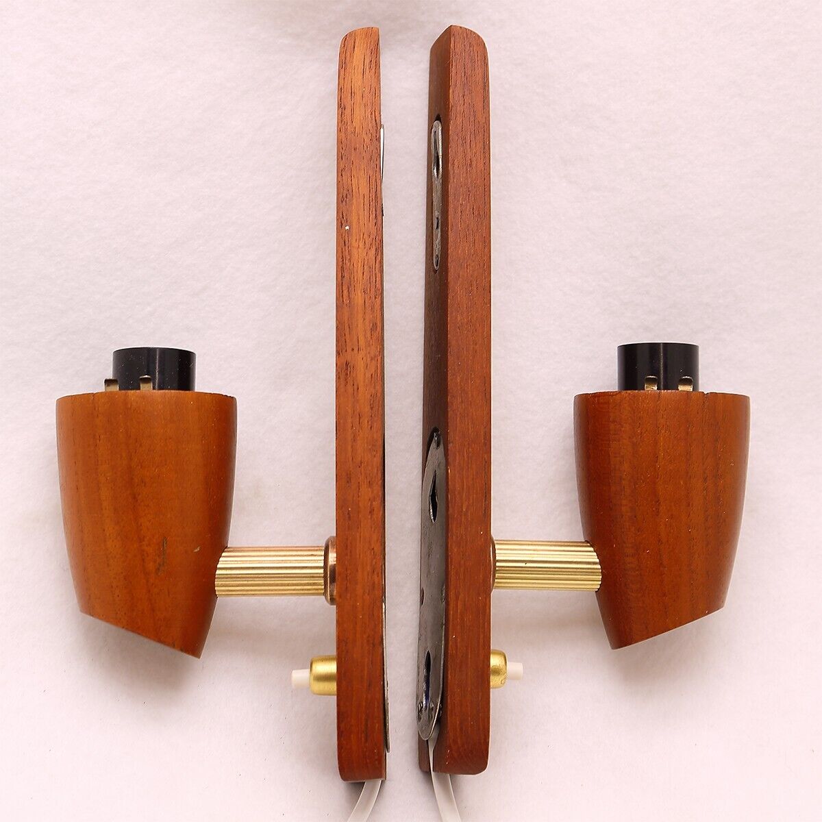 A Pair Of Vintage Teak and Brass Wall And Bedside Table Lamps