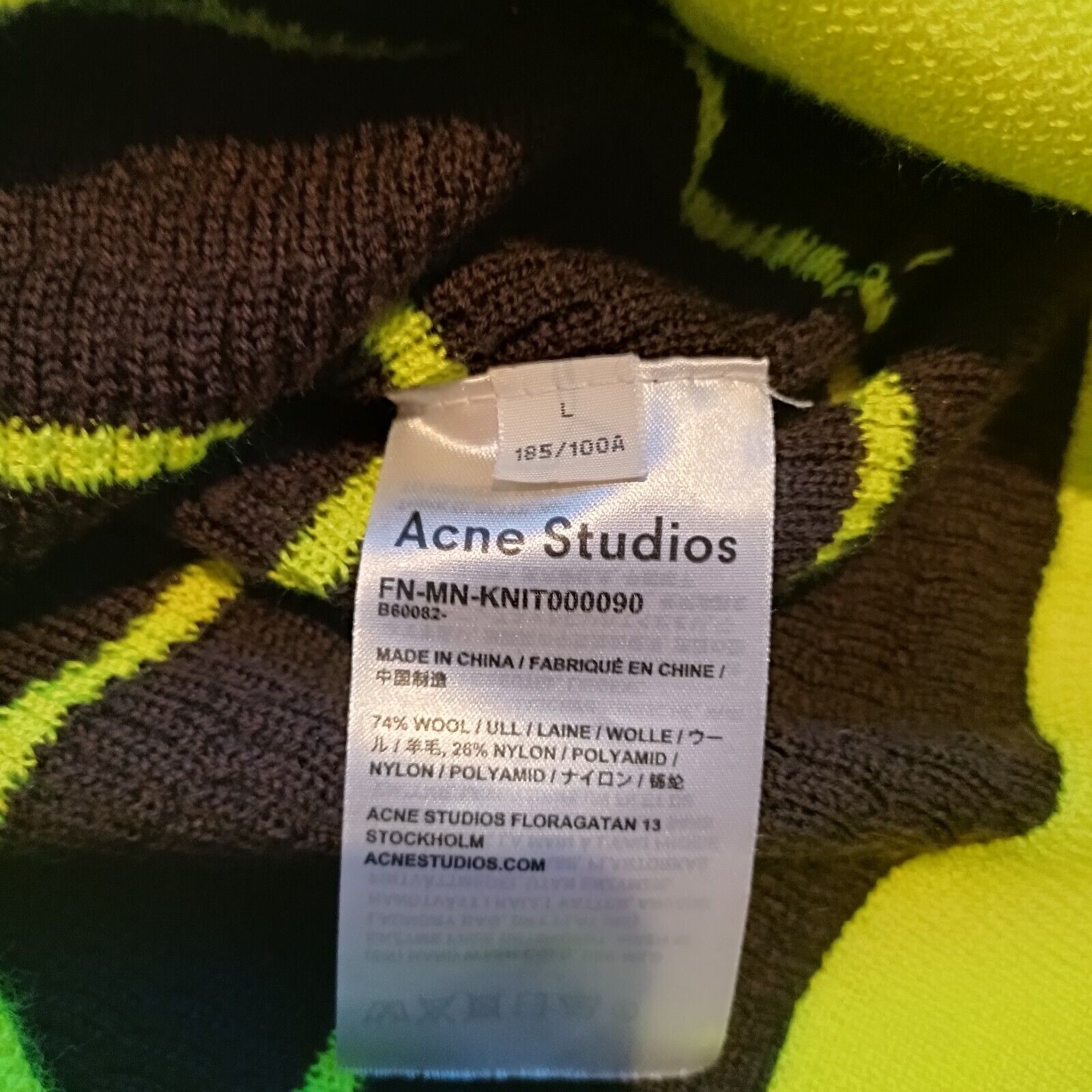 Men's Acne Studios Kadison Knit Sweater Wool Neon Green Stripes - Size L