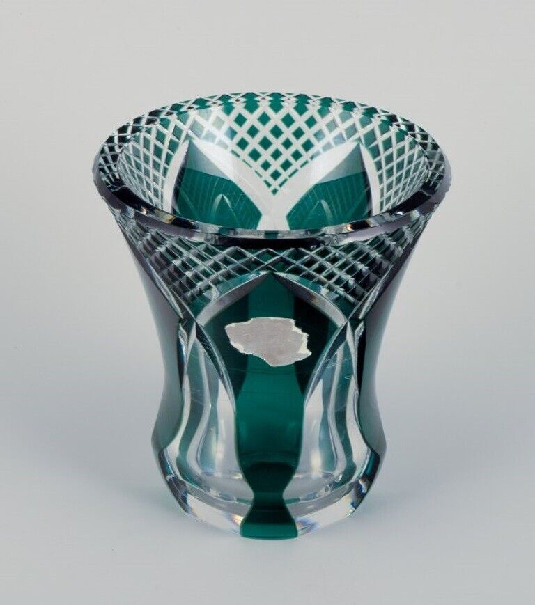 Val St Lambert Belgium Faceted crystal vase in green and clear glass