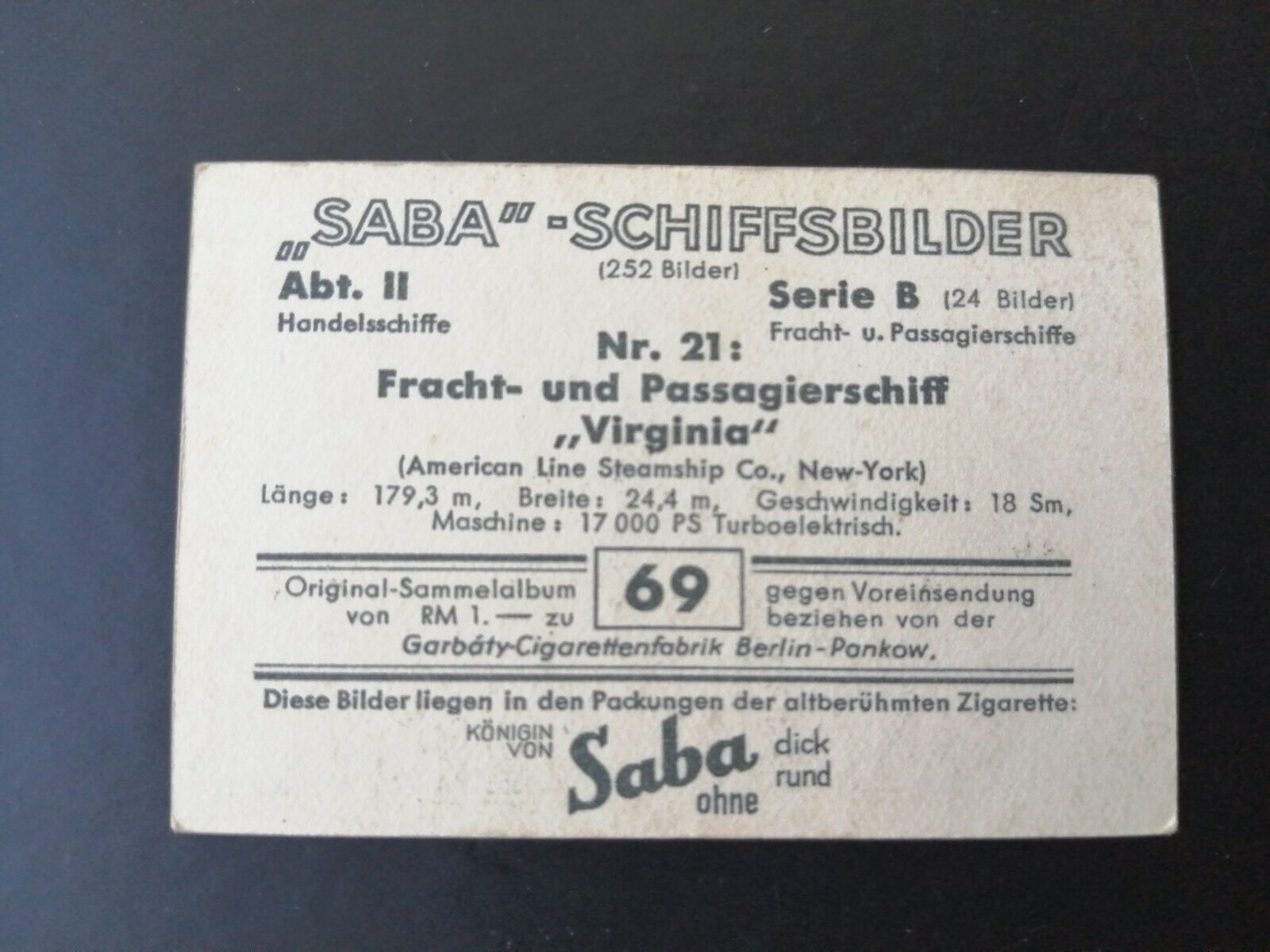 German SABA tobacco ship trading card 1931-33No 69 "Virginia" New York