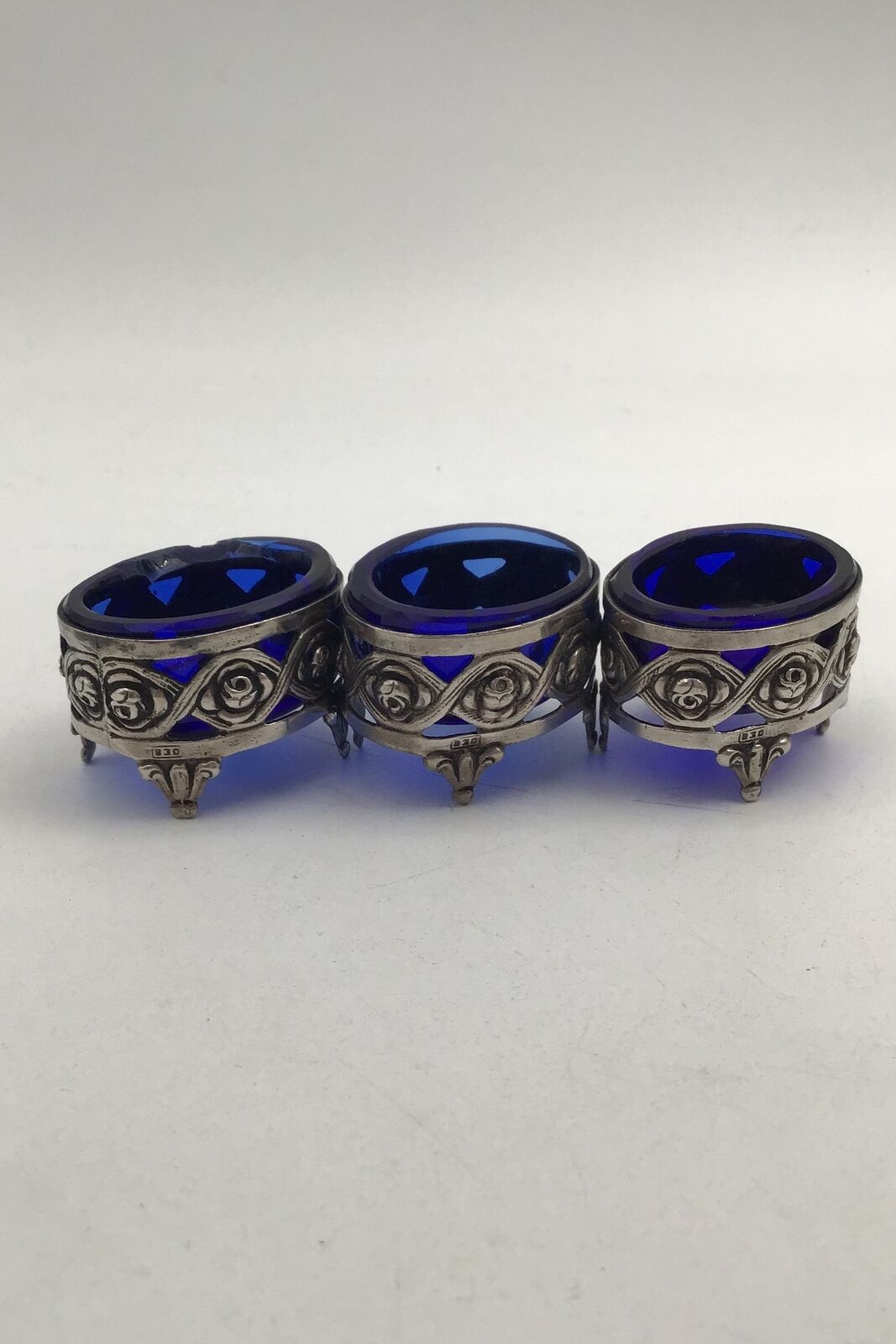 Silver Salt Cellar Set (Blue glass insert) (2+1)