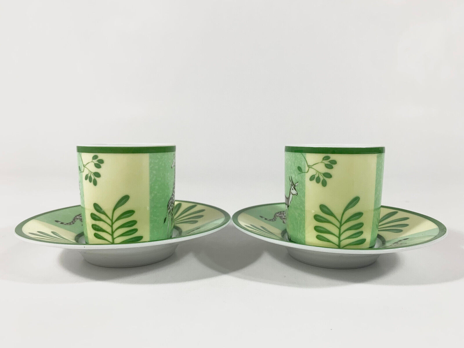 2x Hermes Africa Green Demitasse Espresso Coffee Cup and Saucer