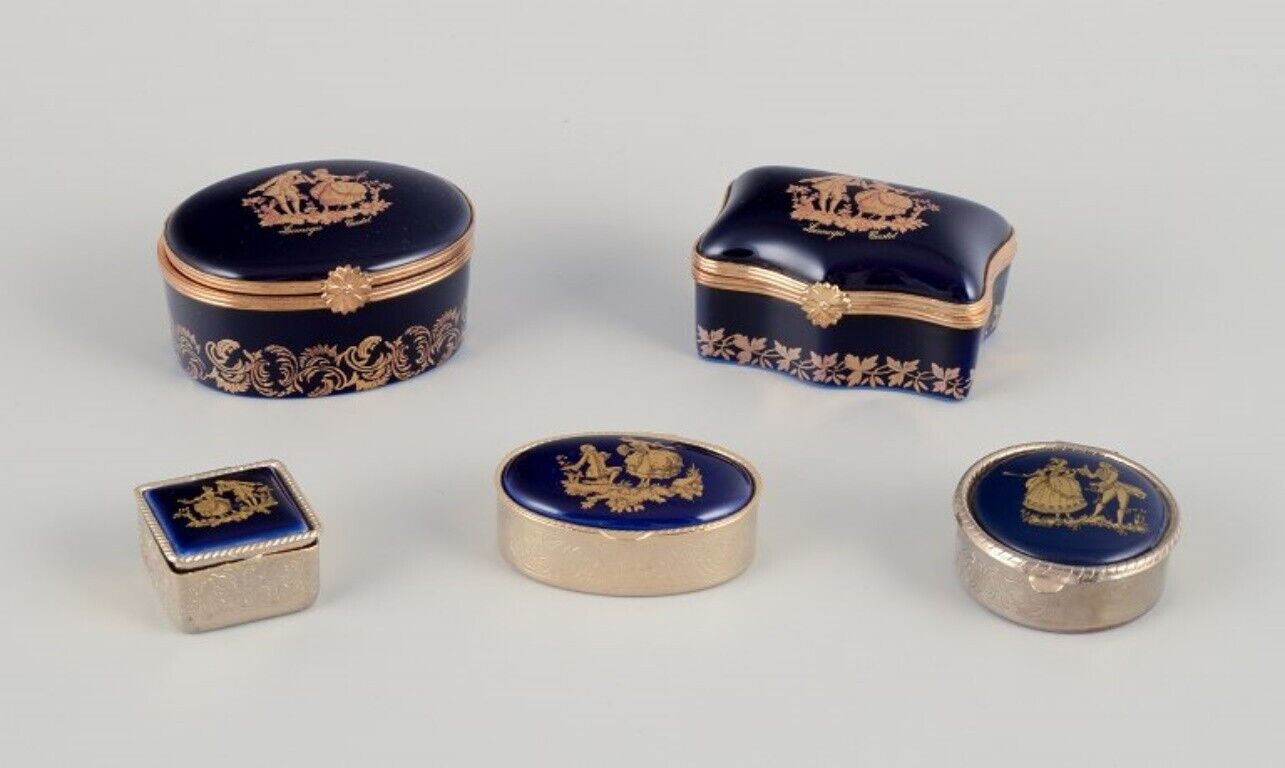 Limoges France Five miniature porcelain boxes two with brass mounts