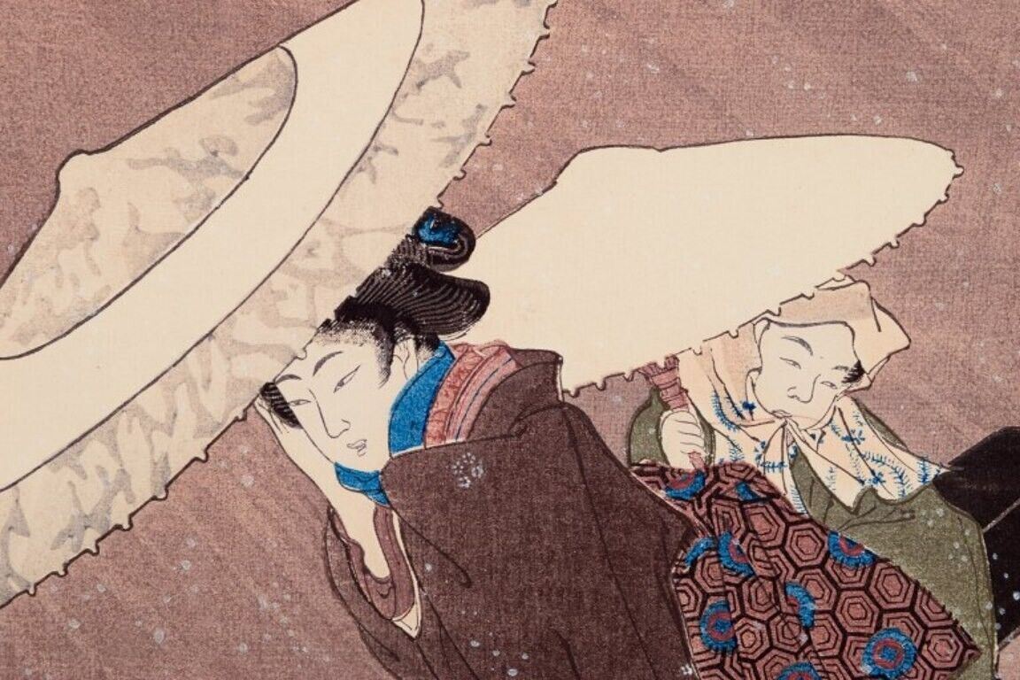 Fujimaro Kitagawa (1790-1850) Woodcut on Japanese paper Snowscape with a woman