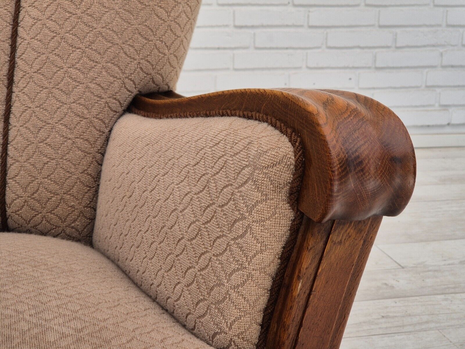 1950s Danish vintage armchair light brown cotton/wool oak wood