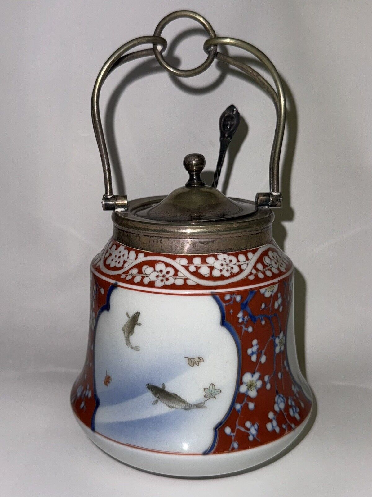 Vintage Nishikide Porcelain Jar With Metal Lid And Handle From Japan c 1920