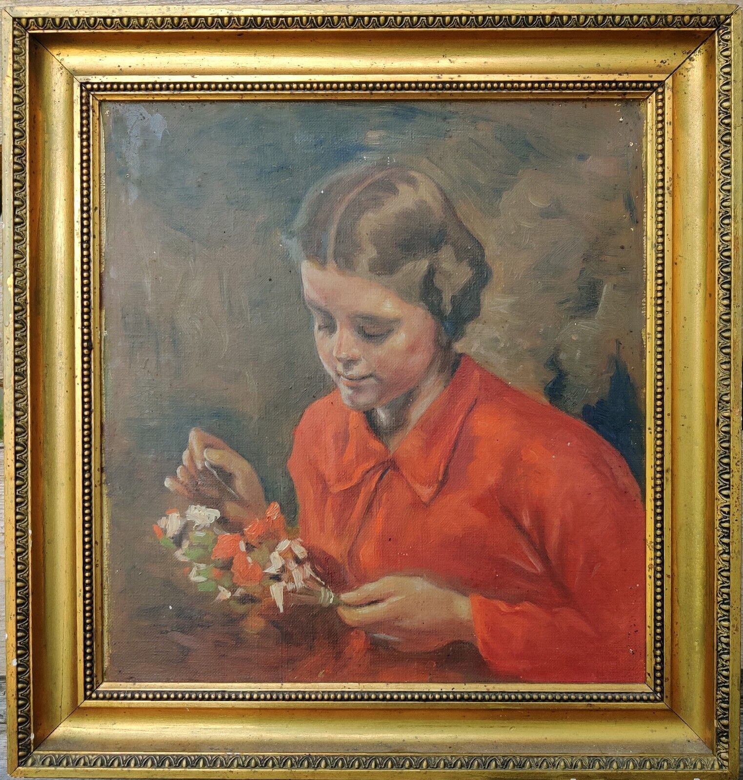 GIRL ARRANGING FLOWERS original oil painting low shipping!!