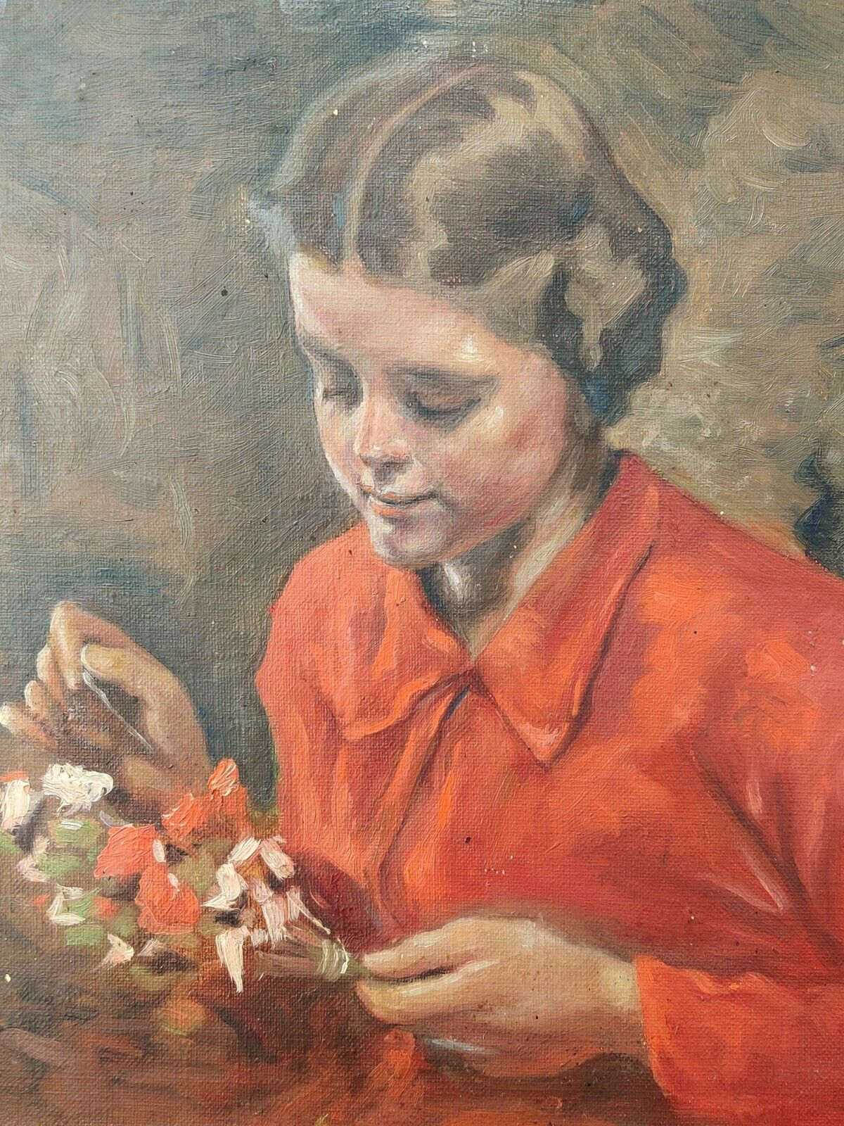 GIRL ARRANGING FLOWERS original oil painting low shipping!!