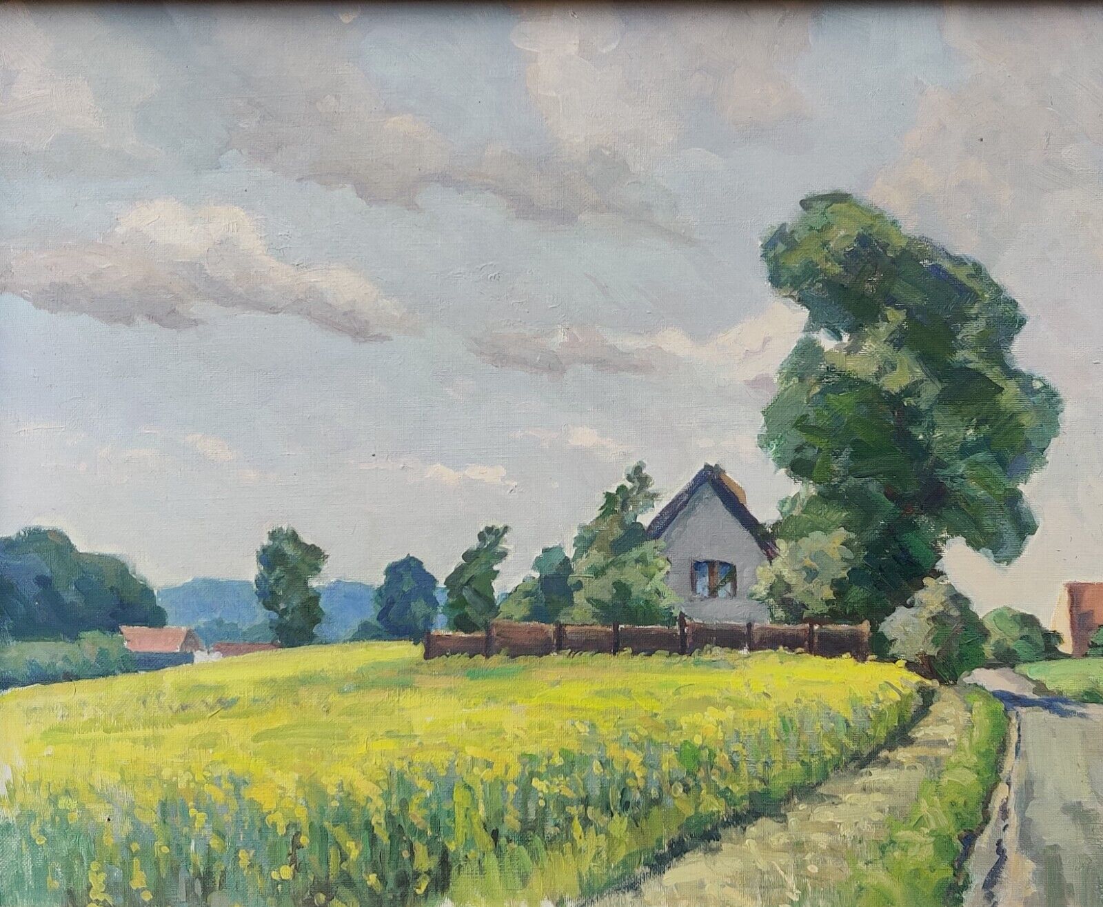 LARGE FIELD IN FRONT OF A FARMHOUSE, original oil painting.