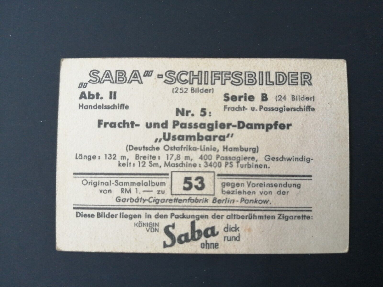 German SABA tobacco ship trading card 1931-33No 53 "Usambara" East Africa