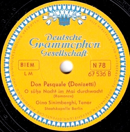 Sinimberghi; Berger Donizetti (Don Pasquale - aria  duet) DGG 67536 NM(-)