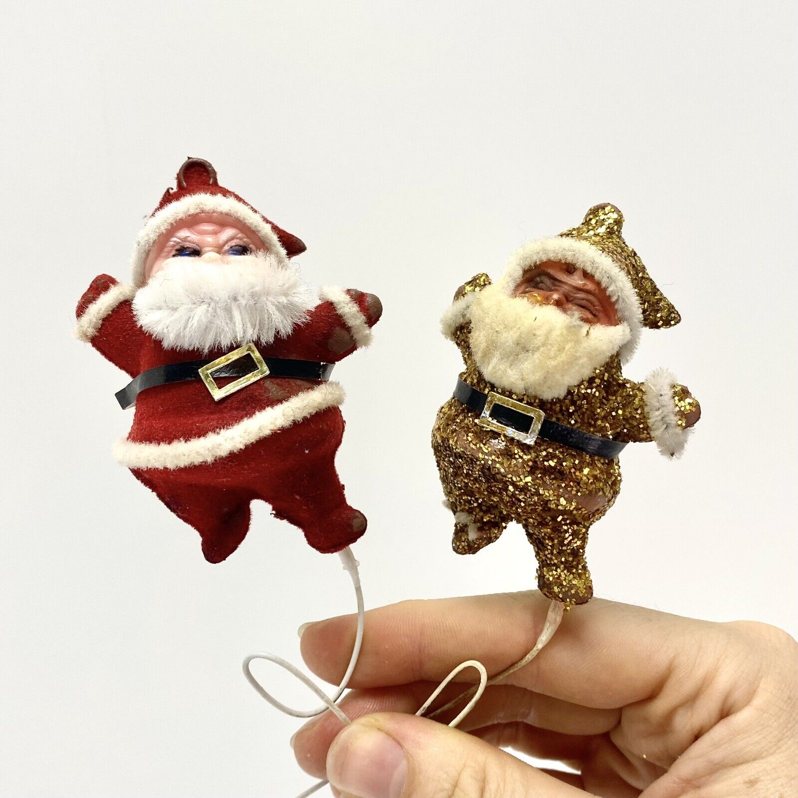 Pair Vintage Chenille Pipe Cleaner Santa Decorations Red Gold Glitter Xmas Decor