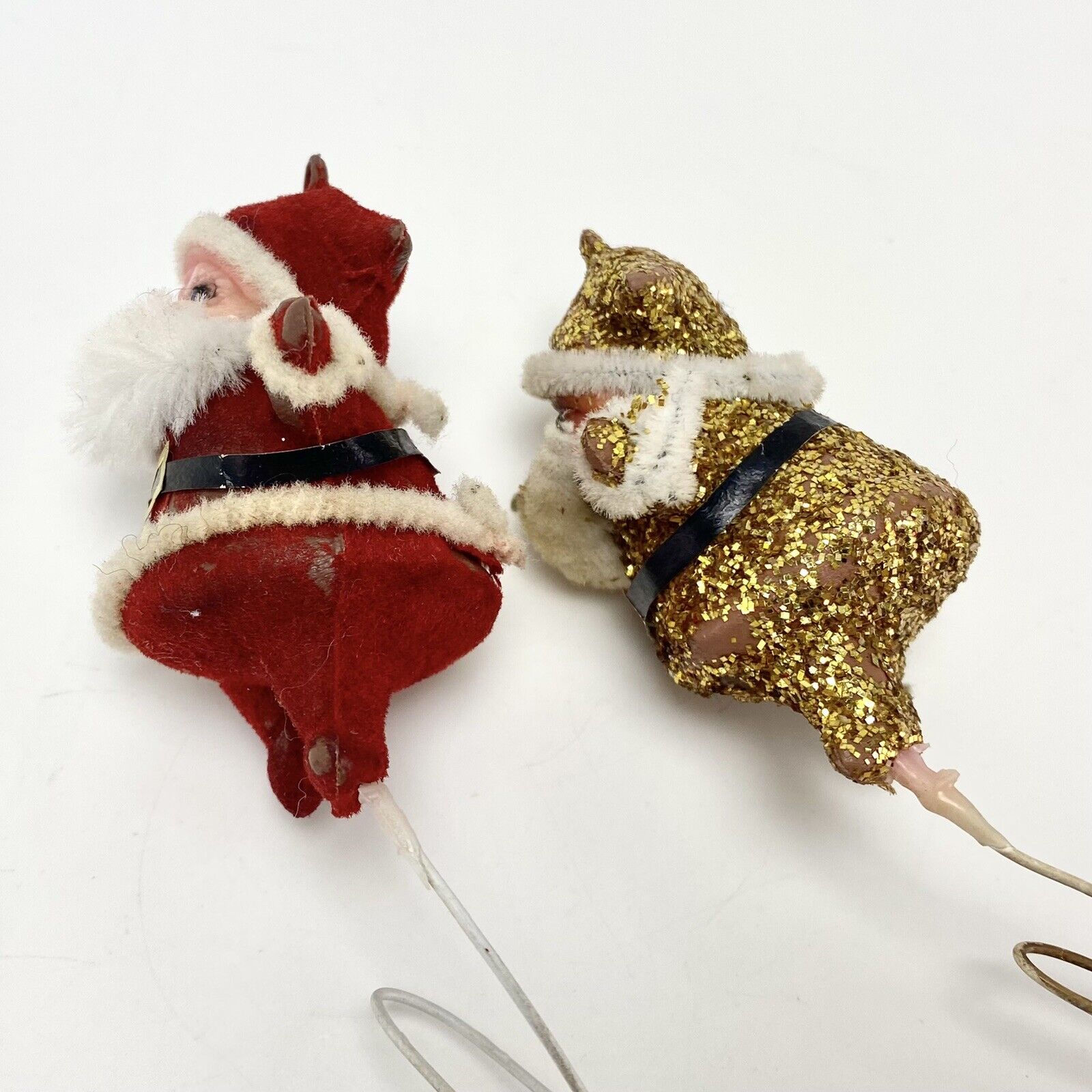 Pair Vintage Chenille Pipe Cleaner Santa Decorations Red Gold Glitter Xmas Decor