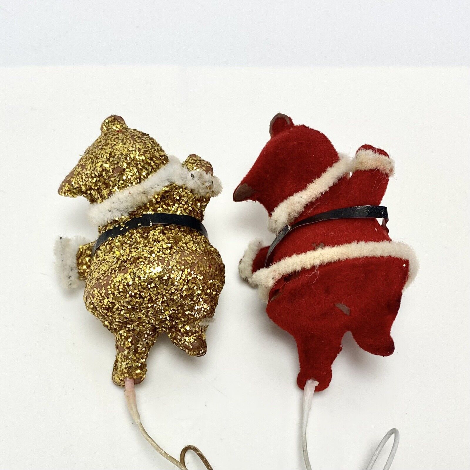 Pair Vintage Chenille Pipe Cleaner Santa Decorations Red Gold Glitter Xmas Decor