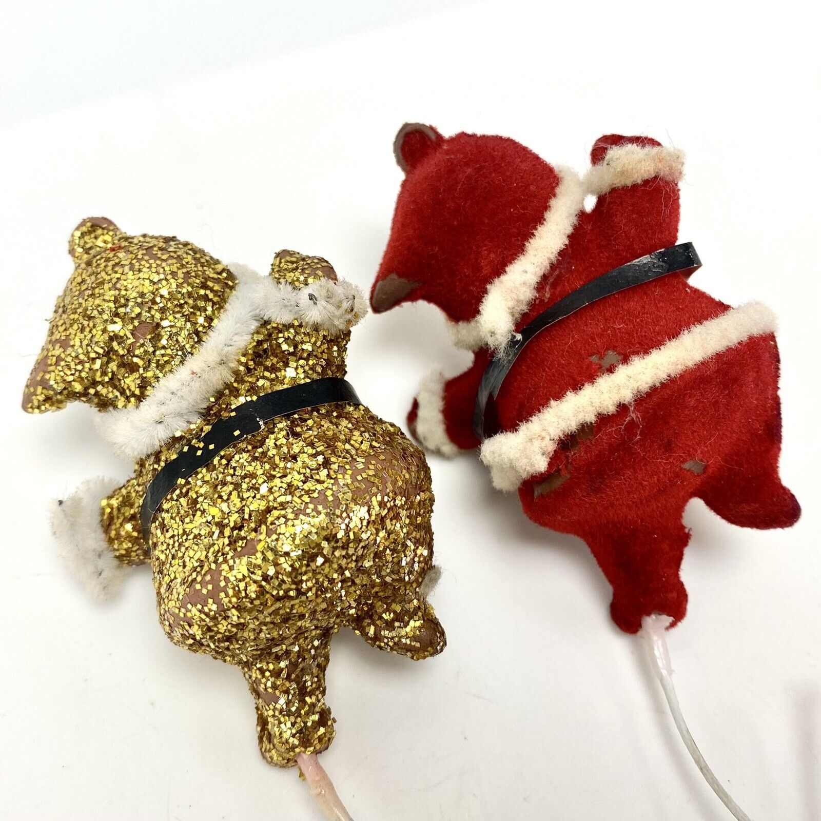 Pair Vintage Chenille Pipe Cleaner Santa Decorations Red Gold Glitter Xmas Decor