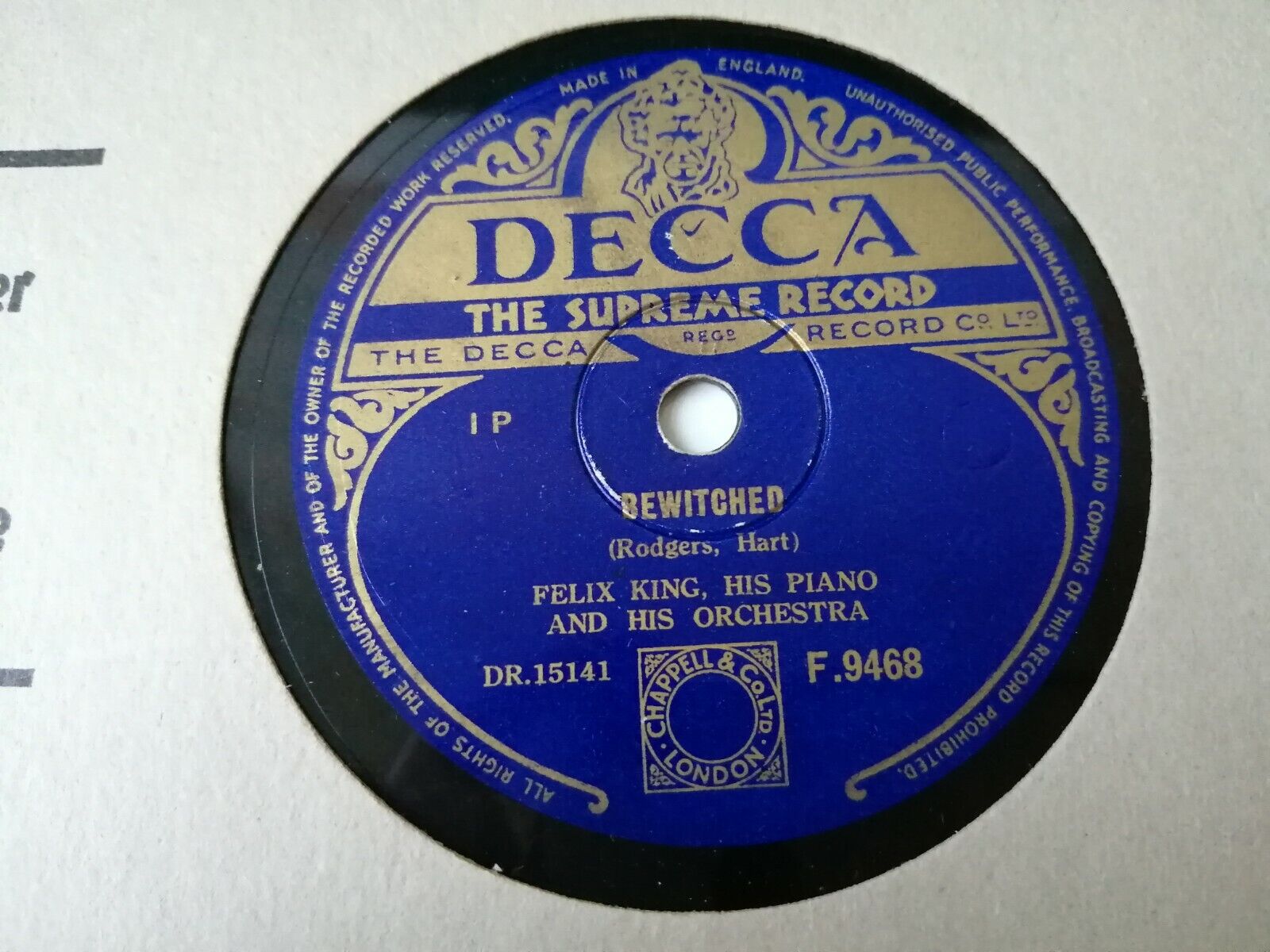 78 RPM  shellacFELIX KINGHis Piano And His OrchestraBewitched/Once In A W