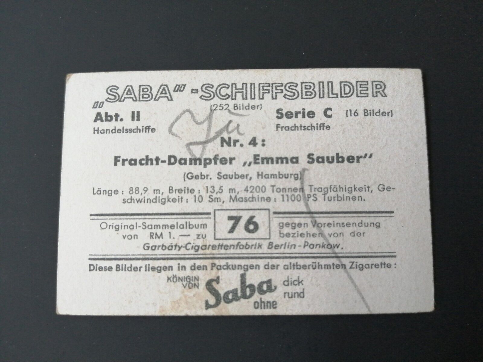 German SABA tobacco ship trading card 1931-33No 76 "Emma Sauber" Hamburg