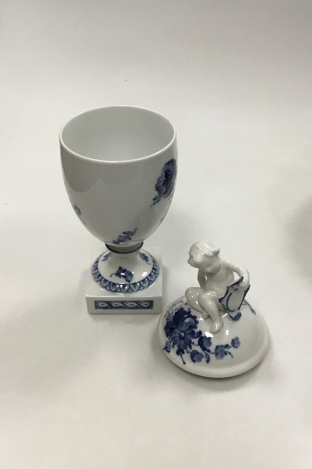 Royal Copenhagen Blue Flower Curved Lidded goblet with putti on lids No 1754