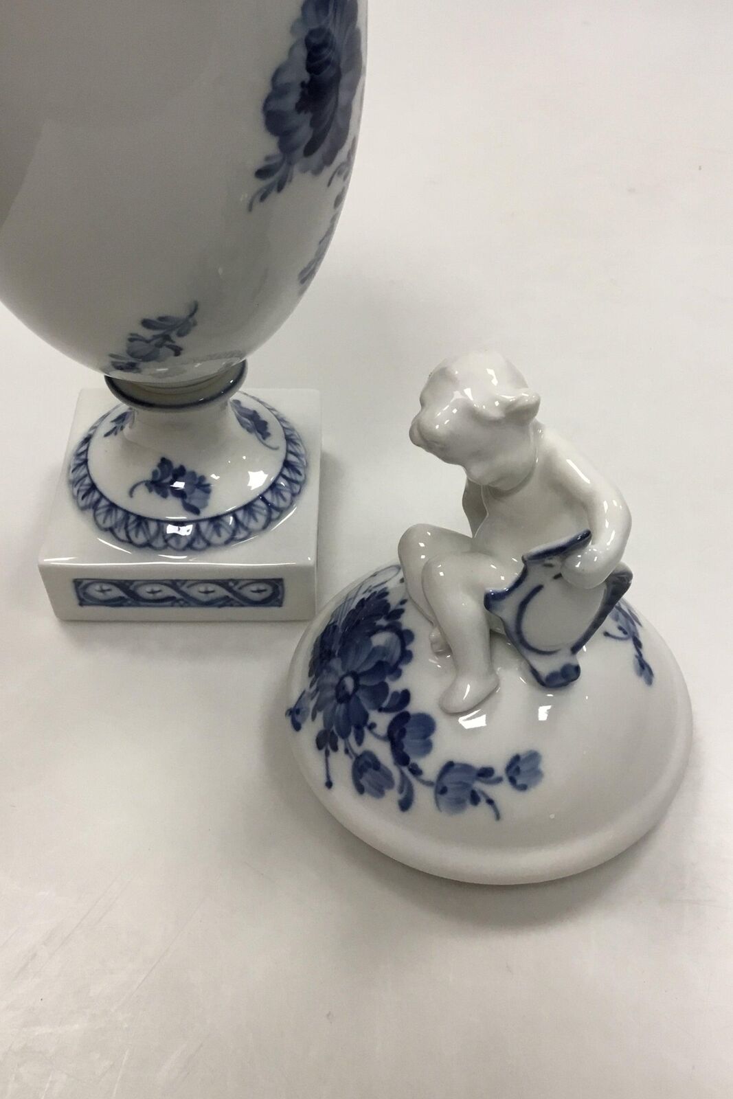 Royal Copenhagen Blue Flower Curved Lidded goblet with putti on lids No 1754