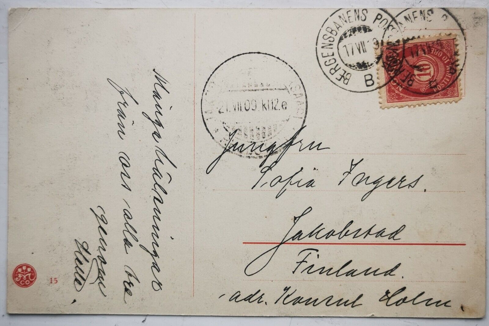 Old postcard: Coloured motif from Torvet in Bergen Norway Mailed 1909 pok1377