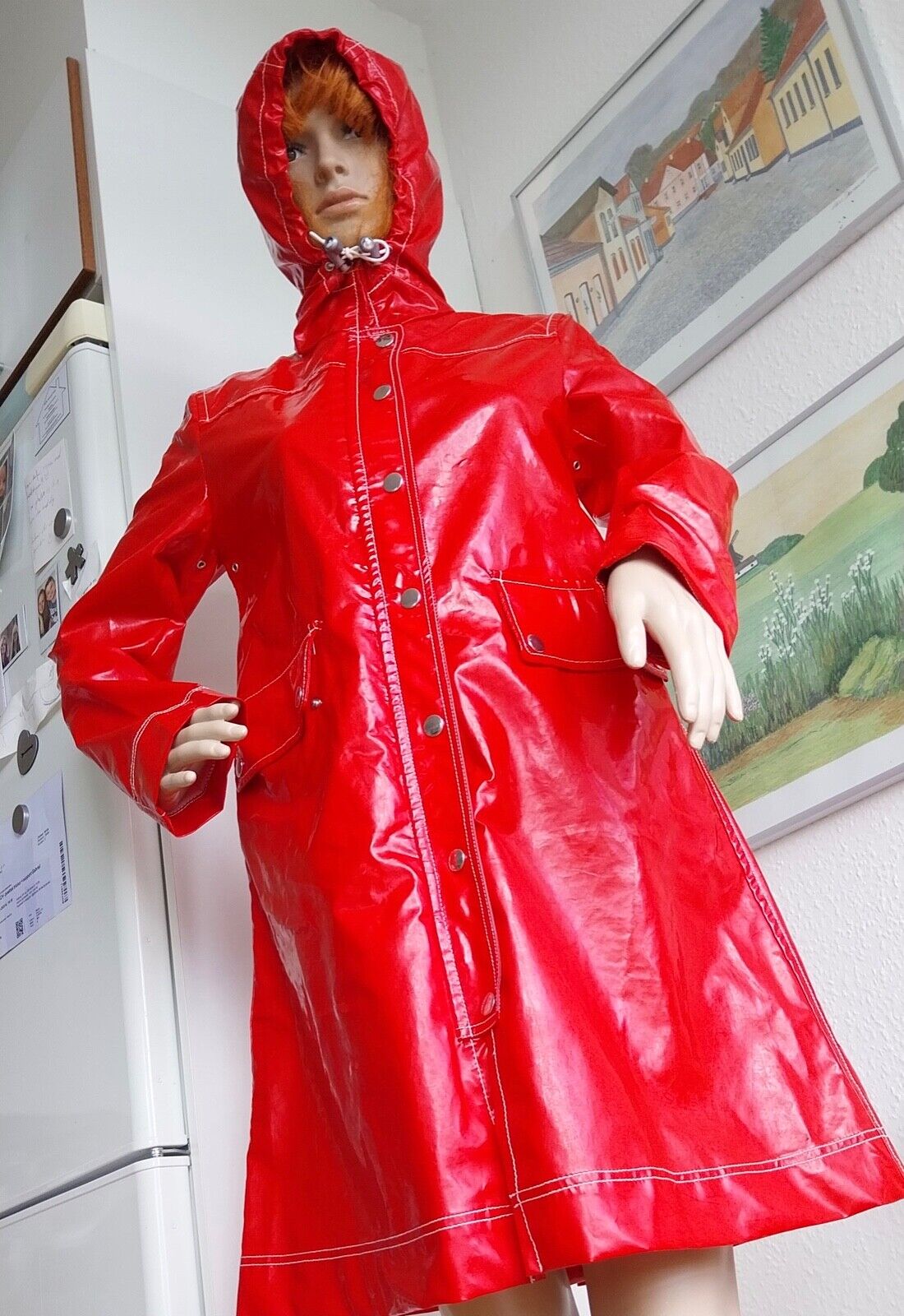 Red PVC raincoat rain jacket rubber coat Friesian mink East Friesian mink rubber jacket