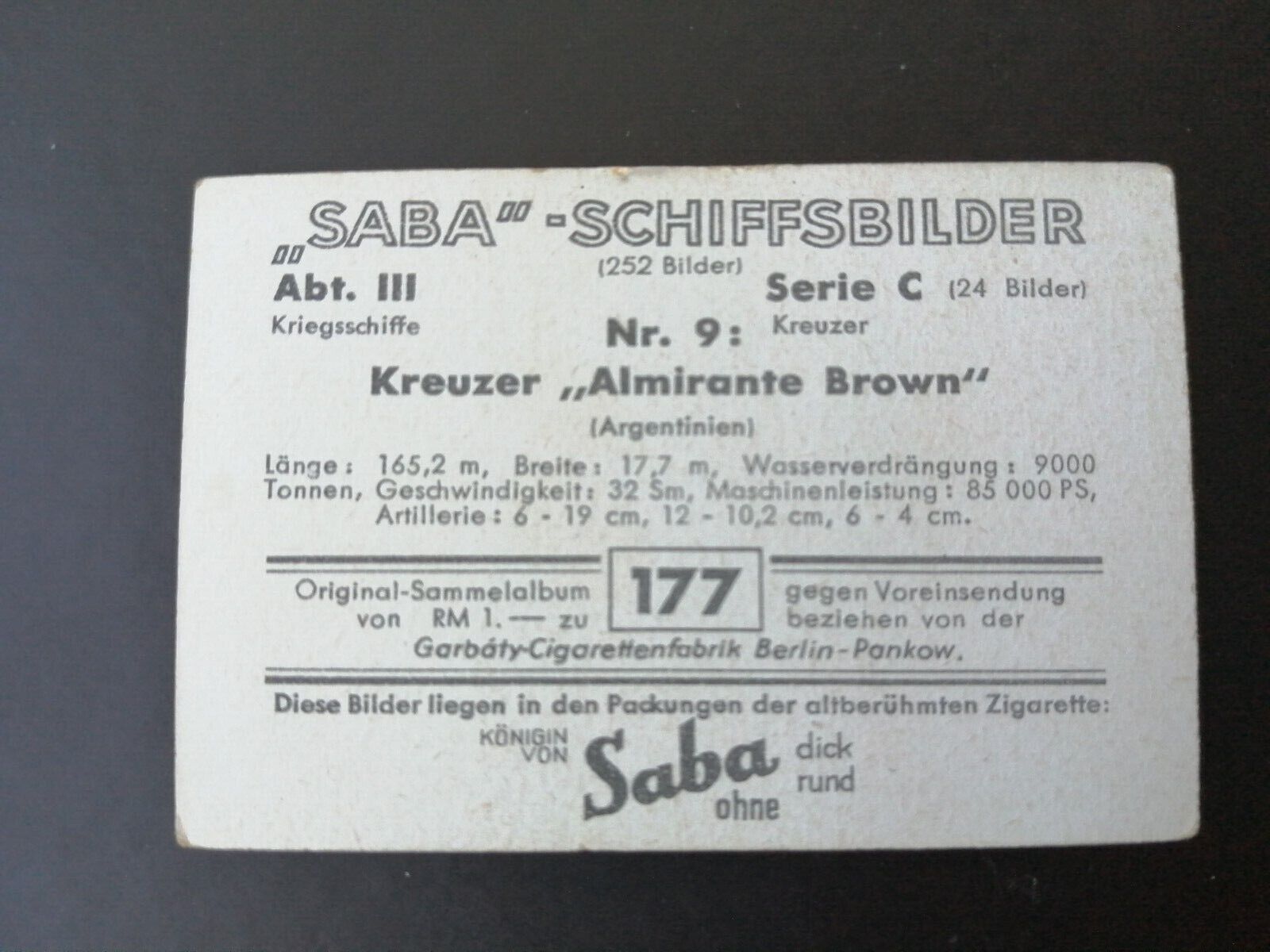 German SABA tobacco ship trading card 1931-33No 177 Argentina