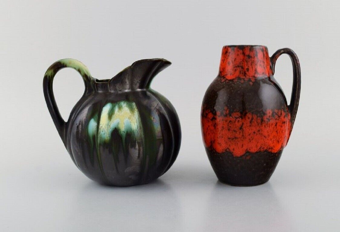 Five retro jugs in glazed ceramics Beautiful glazes and shapes Belgium 1960s